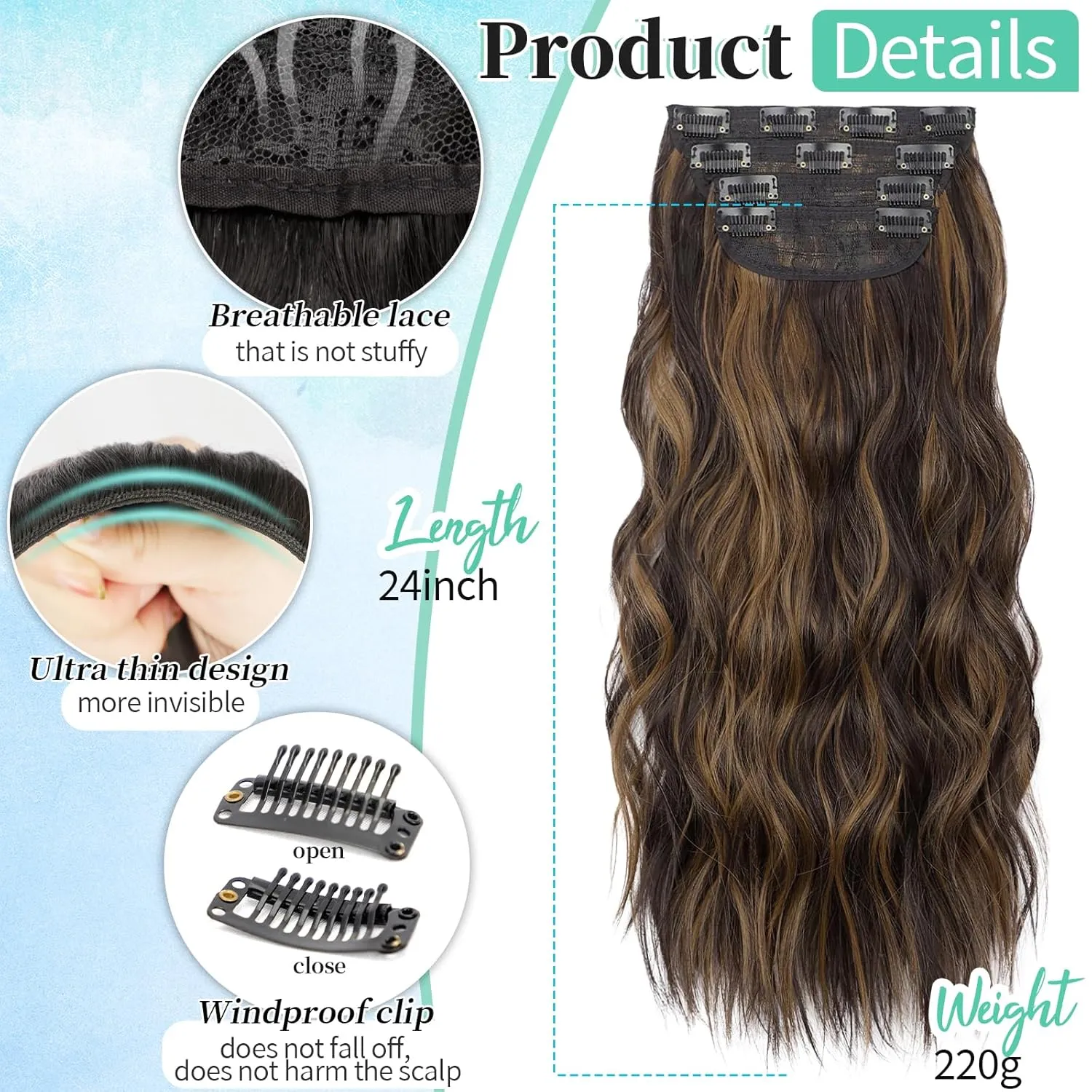 KooKaStyle Clip in Hair Extensions Long Wavy 4PCS Thick Hairpieces Synthetic Highlight Hair Extensions Balayage Dark Brown to Chestnut H2/426 Fiber Double Weft Natural 24Inch for Women