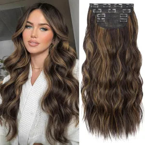 KooKaStyle Clip in Hair Extensions Long Wavy 4PCS Thick Hairpieces Synthetic Highlight Hair Extensions Balayage Dark Brown to Chestnut H2/426 Fiber Double Weft Natural 24Inch for Women