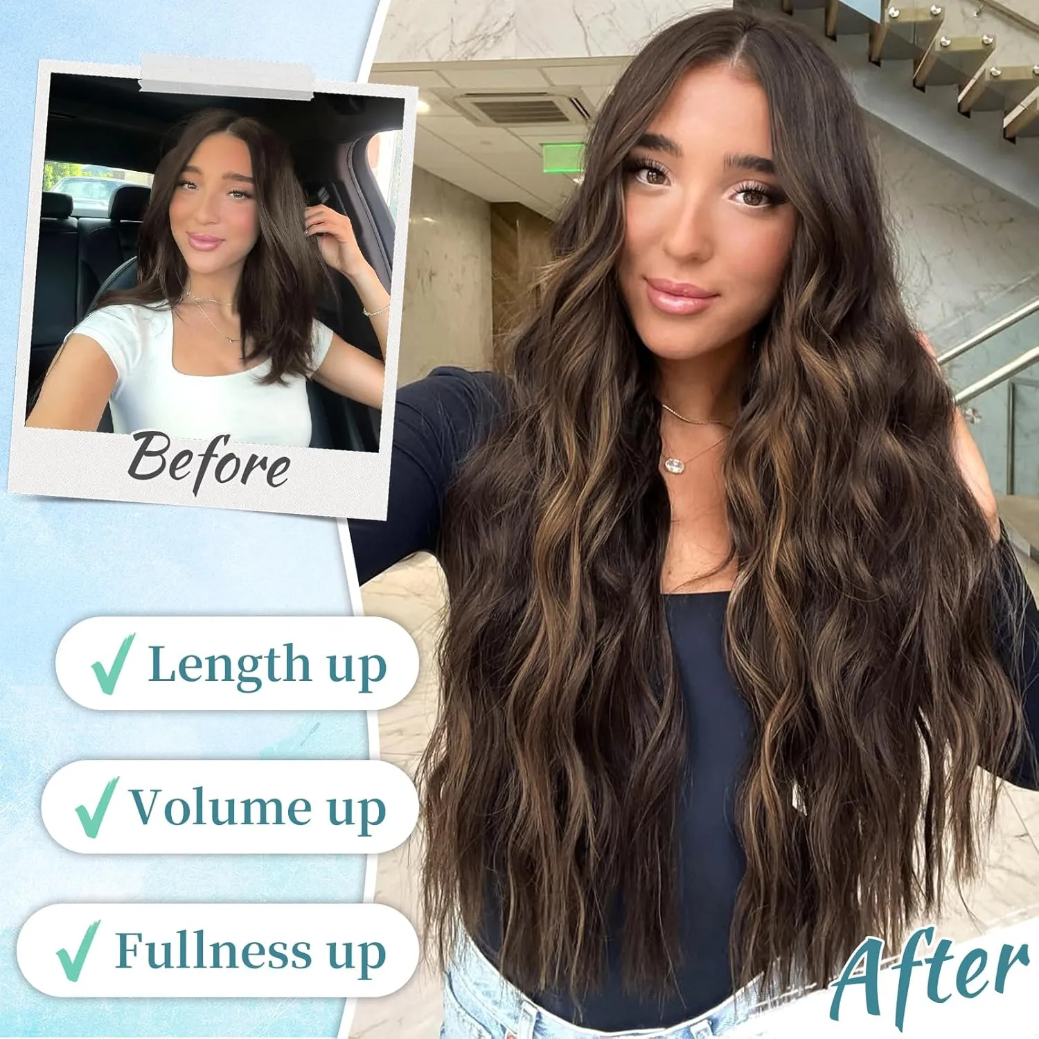 KooKaStyle Clip in Hair Extensions Long Wavy 4PCS Thick Hairpieces Synthetic Highlight Hair Extensions Balayage Dark Brown to Chestnut H2/426 Fiber Double Weft Natural 24Inch for Women