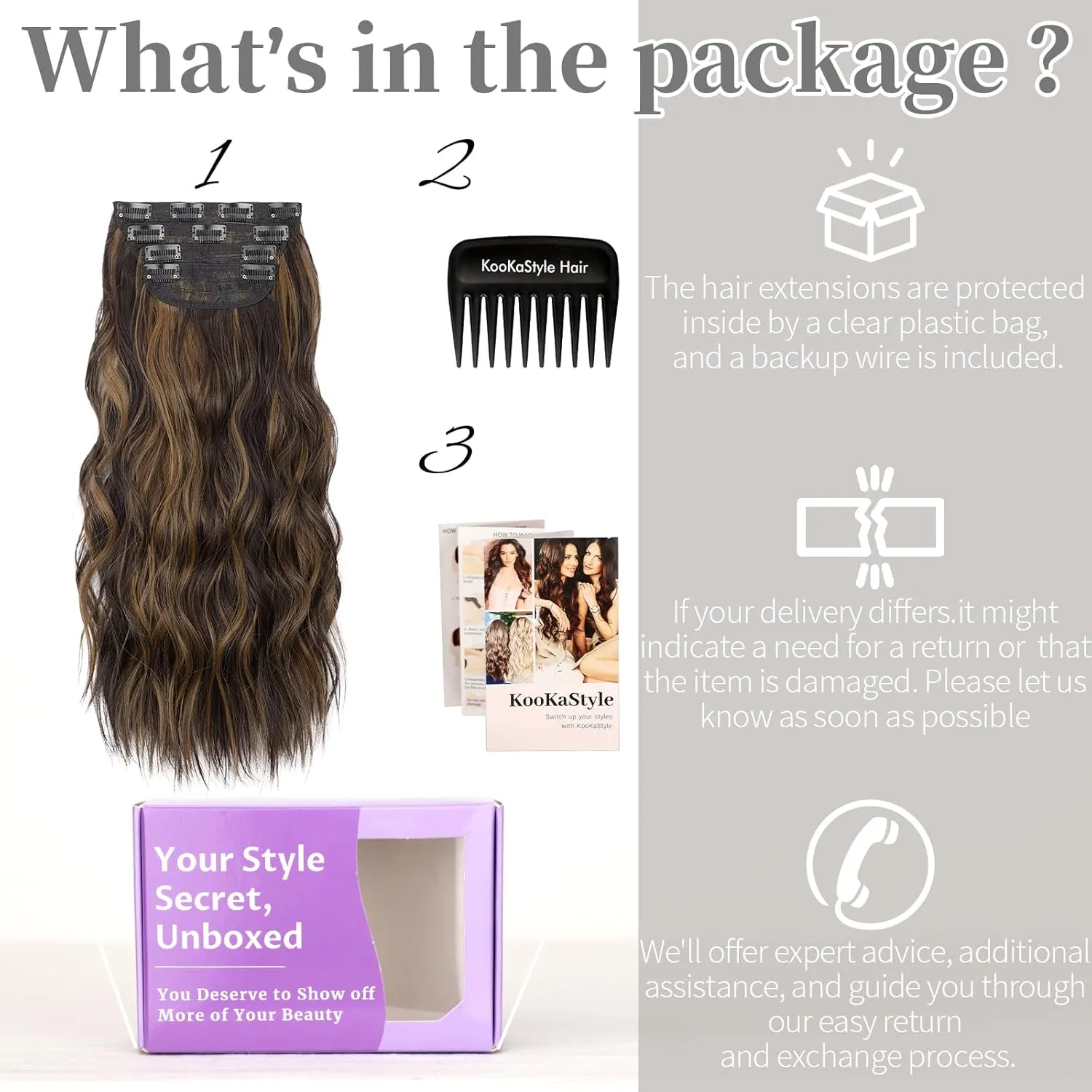 KooKaStyle Clip in Hair Extensions Long Wavy 4PCS Thick Hairpieces Synthetic Highlight Hair Extensions Balayage Dark Brown to Chestnut H2/426 Fiber Double Weft Natural 24Inch for Women