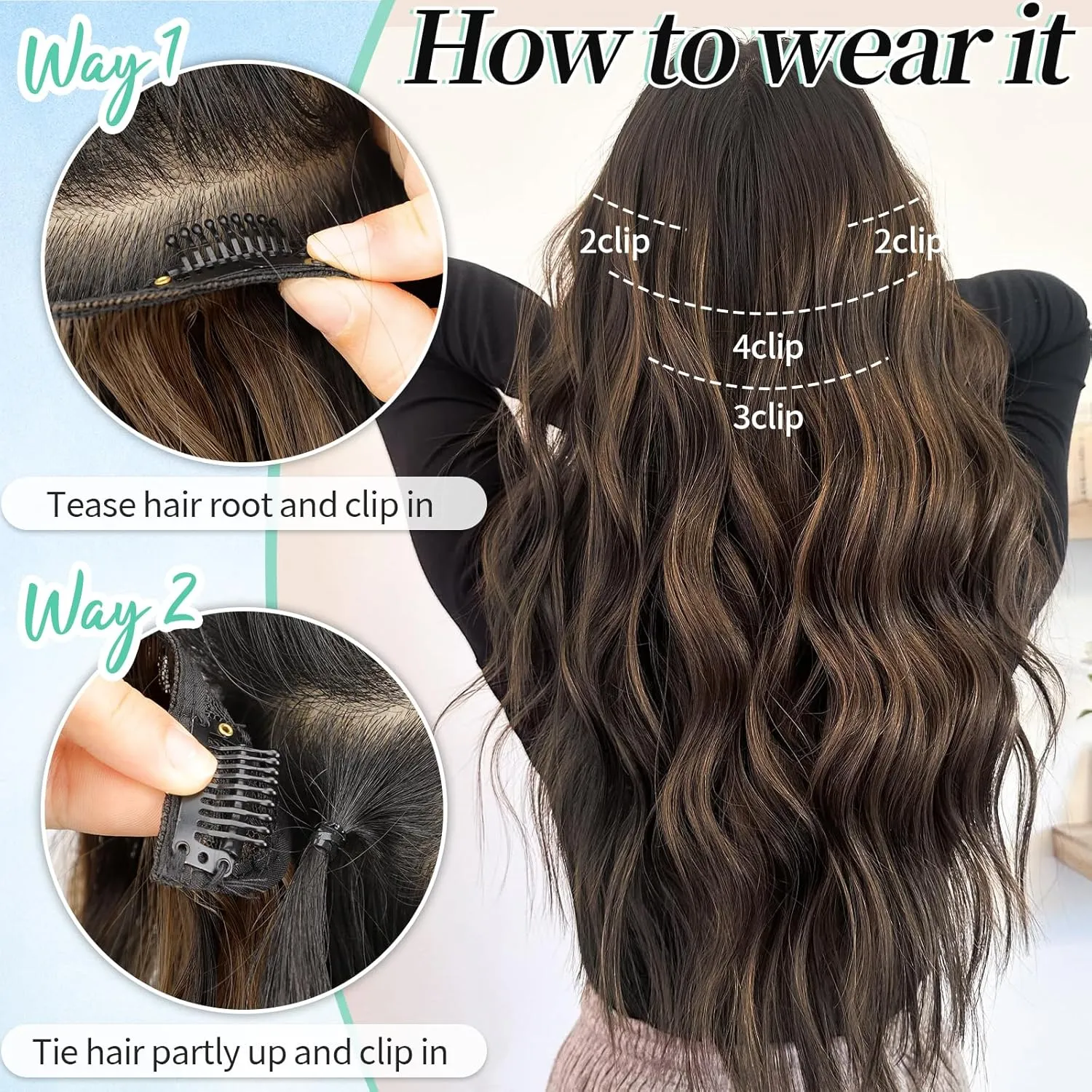 KooKaStyle Clip in Hair Extensions Long Wavy 4PCS Thick Hairpieces Synthetic Highlight Hair Extensions Balayage Dark Brown to Chestnut H2/426 Fiber Double Weft Natural 24Inch for Women