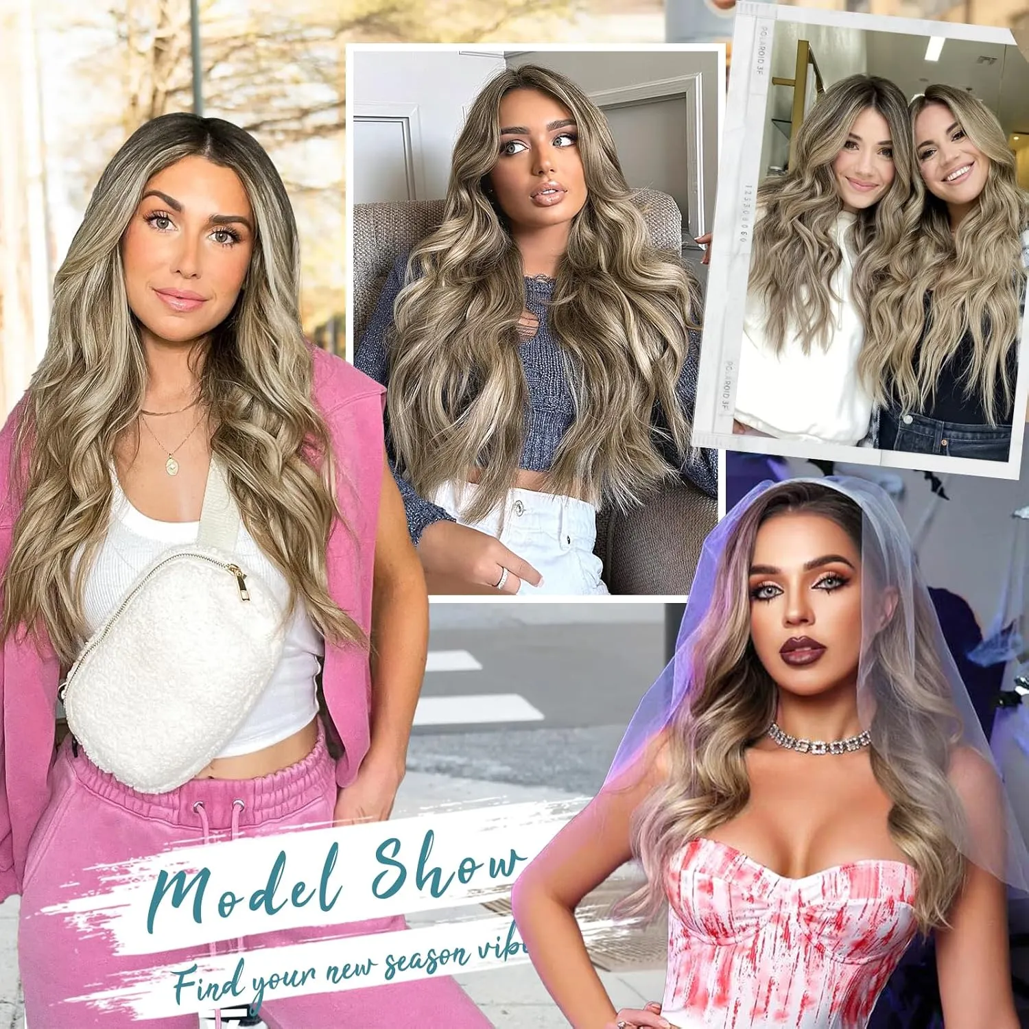 KooKaStyle Clip in Synthetic Hair Extensions Long Wavy 4PCS Thick Hairpieces Ash Brown mix Light Blonde Fiber Double Weft Natural Hair Extensions 20 Inch for Women