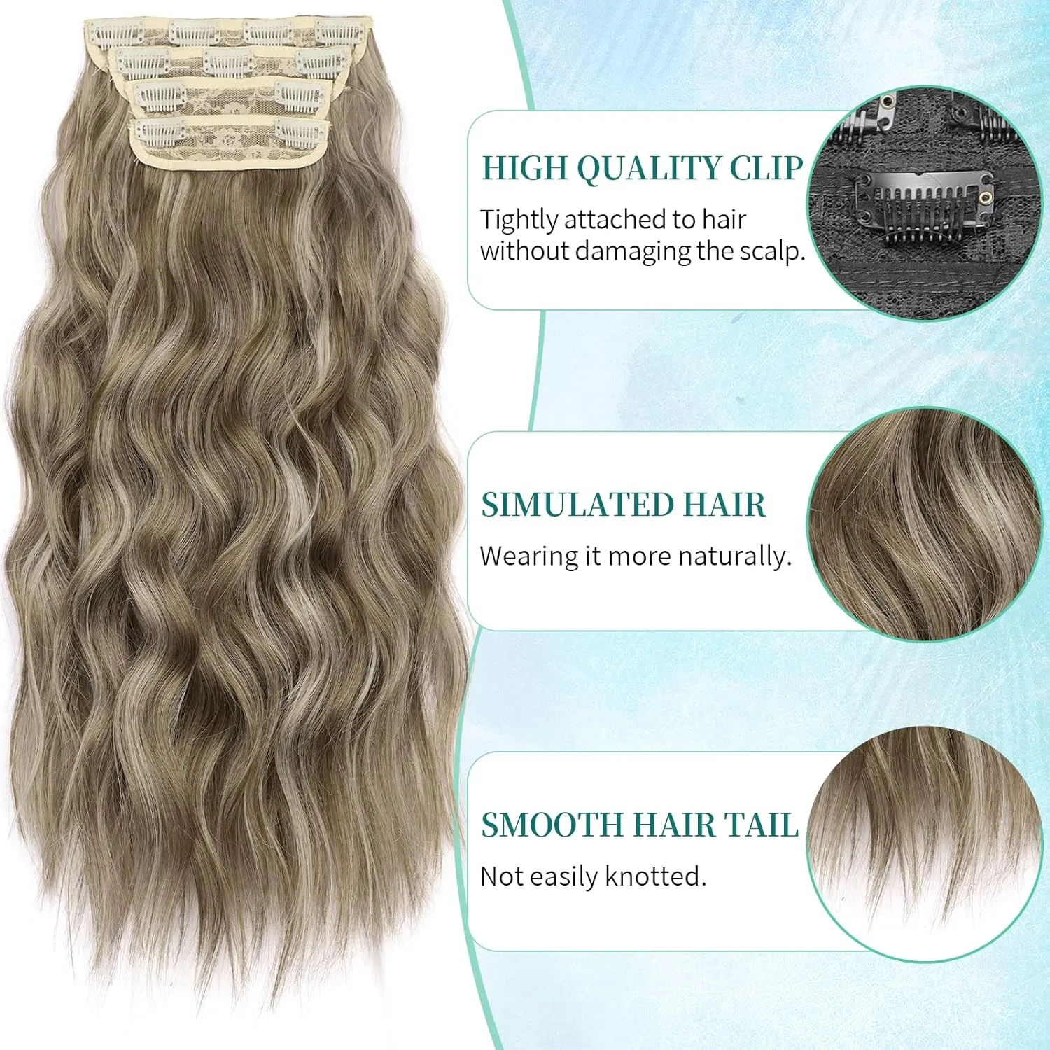 KooKaStyle Clip in Synthetic Hair Extensions Long Wavy 4PCS Thick Hairpieces Ash Brown mix Light Blonde Fiber Double Weft Natural Hair Extensions 20 Inch for Women