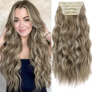 KooKaStyle Clip in Synthetic Hair Extensions Long Wavy 4PCS Thick Hairpieces Ash Brown mix Light Blonde Fiber Double Weft Natural Hair Extensions 20 Inch for Women