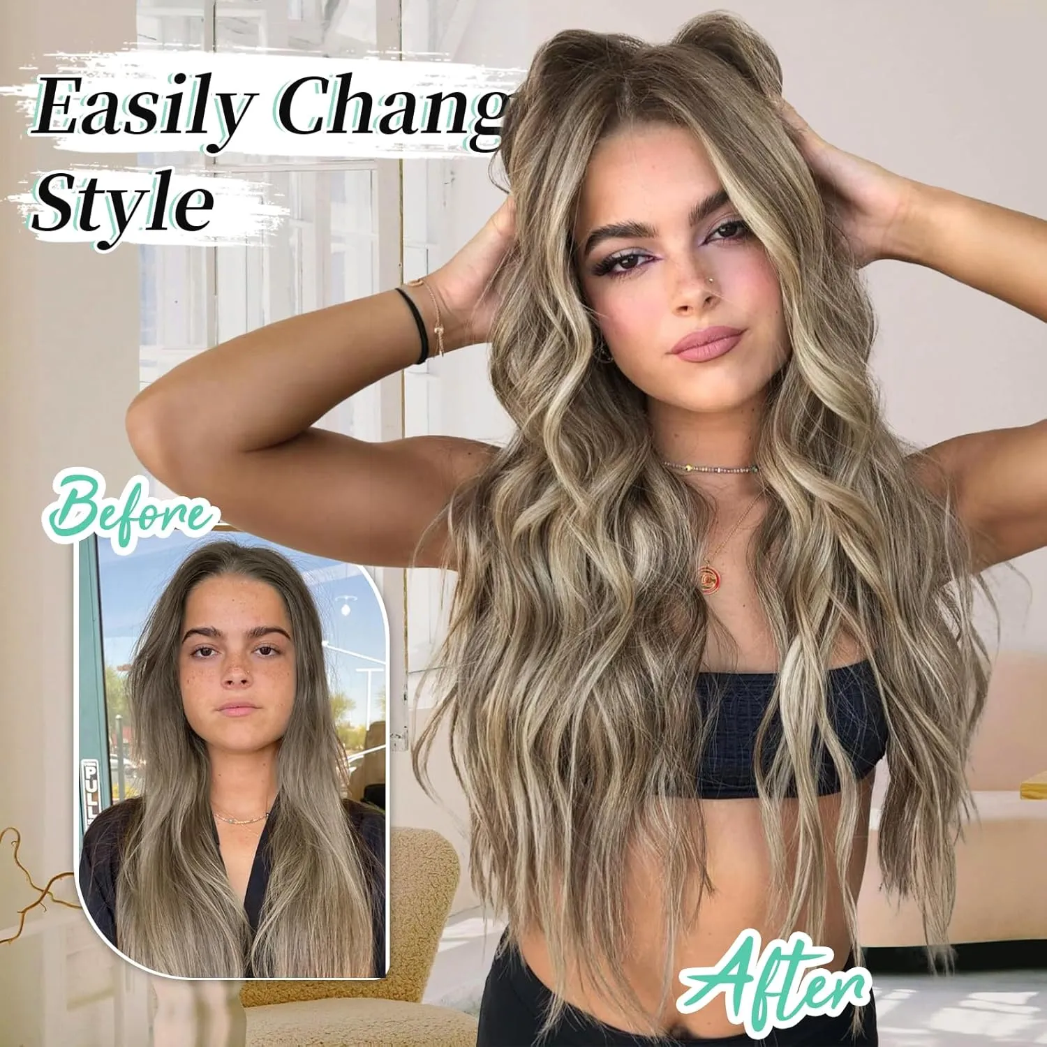 KooKaStyle Clip in Synthetic Hair Extensions Long Wavy 4PCS Thick Hairpieces Ash Brown mix Light Blonde Fiber Double Weft Natural Hair Extensions 20 Inch for Women