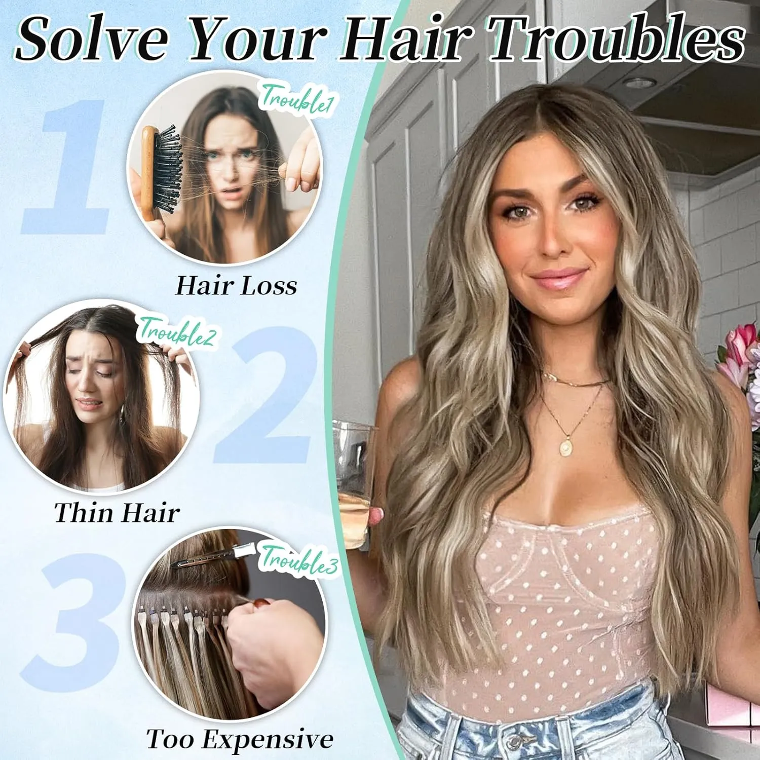 KooKaStyle Clip in Synthetic Hair Extensions Long Wavy 4PCS Thick Hairpieces Ash Brown mix Light Blonde Fiber Double Weft Natural Hair Extensions 20 Inch for Women