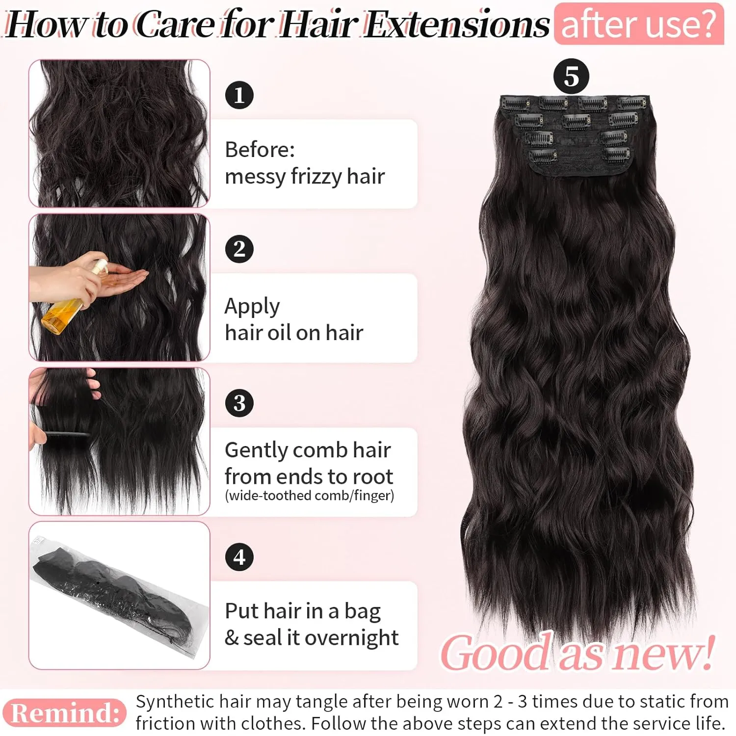 KooKaStyle Clip in Synthetic Hair Extensions Long Wavy 4PCS Thick Hairpieces Dark Brown 6# Fiber Double Weft Natural Hair Extensions 24 Inch for Women