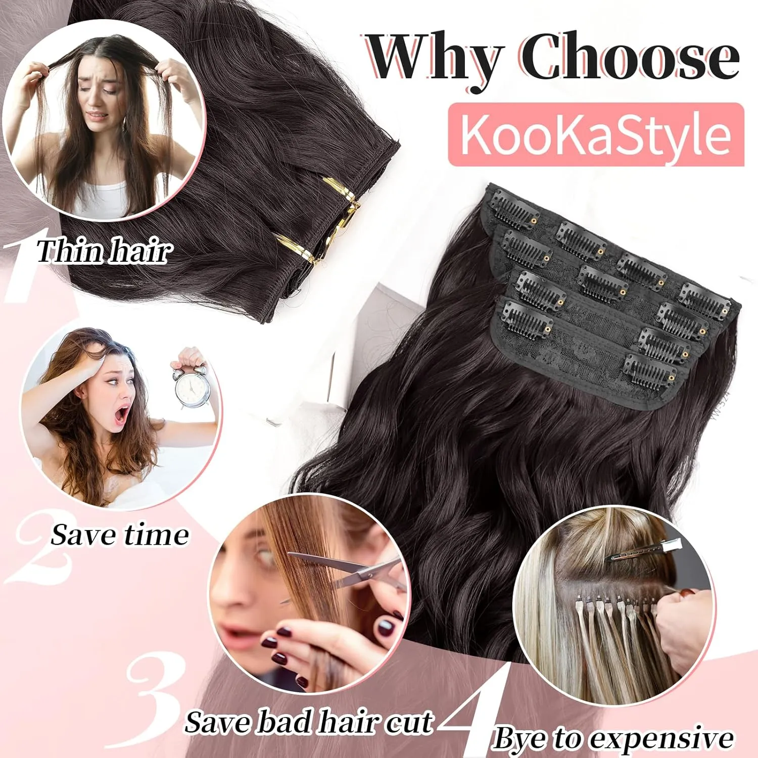 KooKaStyle Clip in Synthetic Hair Extensions Long Wavy 4PCS Thick Hairpieces Dark Brown 6# Fiber Double Weft Natural Hair Extensions 24 Inch for Women