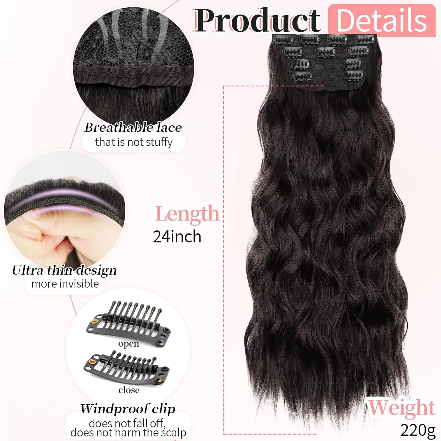 KooKaStyle Clip in Synthetic Hair Extensions Long Wavy 4PCS Thick Hairpieces Dark Brown 6# Fiber Double Weft Natural Hair Extensions 24 Inch for Women