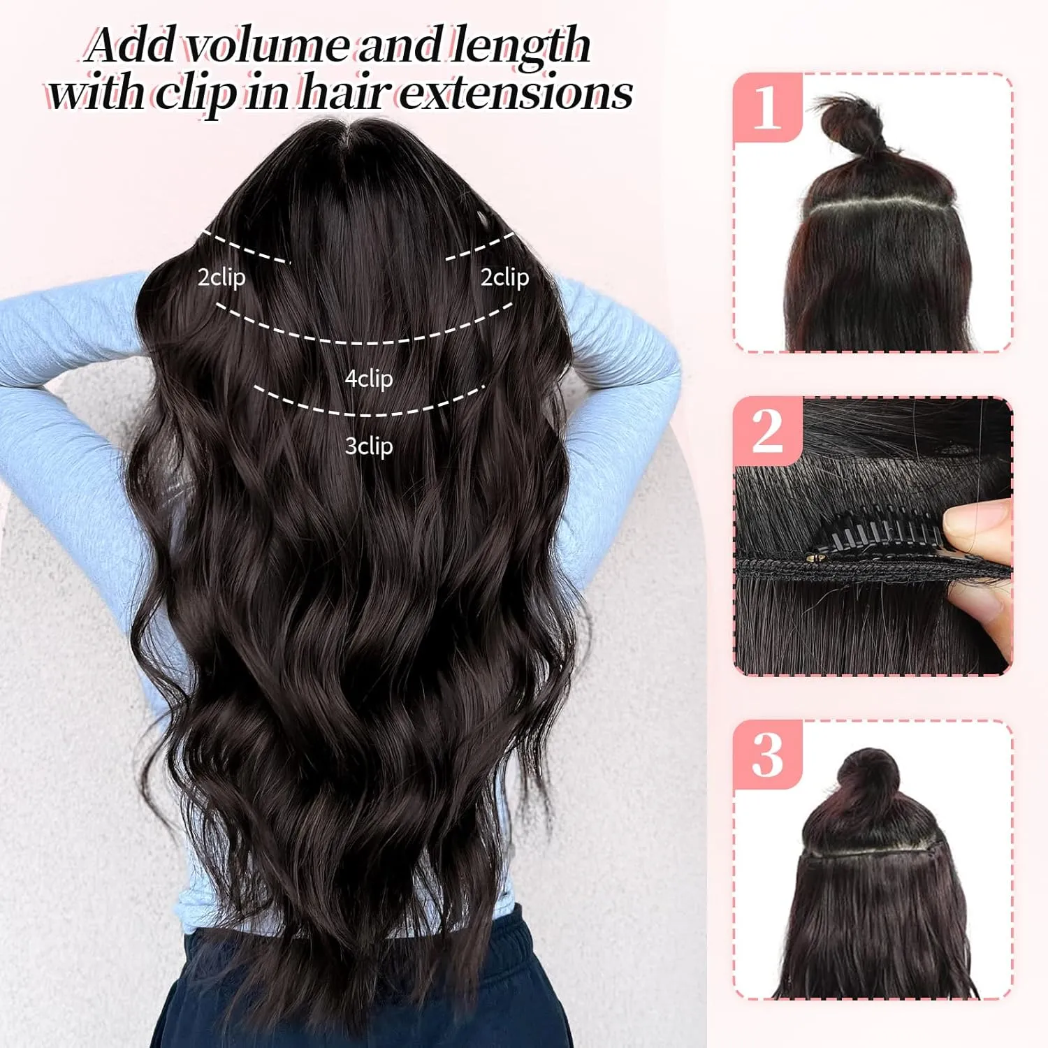 KooKaStyle Clip in Synthetic Hair Extensions Long Wavy 4PCS Thick Hairpieces Dark Brown 6# Fiber Double Weft Natural Hair Extensions 24 Inch for Women