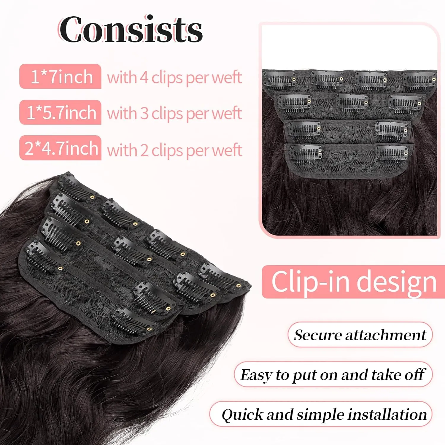 KooKaStyle Clip in Synthetic Hair Extensions Long Wavy 4PCS Thick Hairpieces Dark Brown 6# Fiber Double Weft Natural Hair Extensions 24 Inch for Women