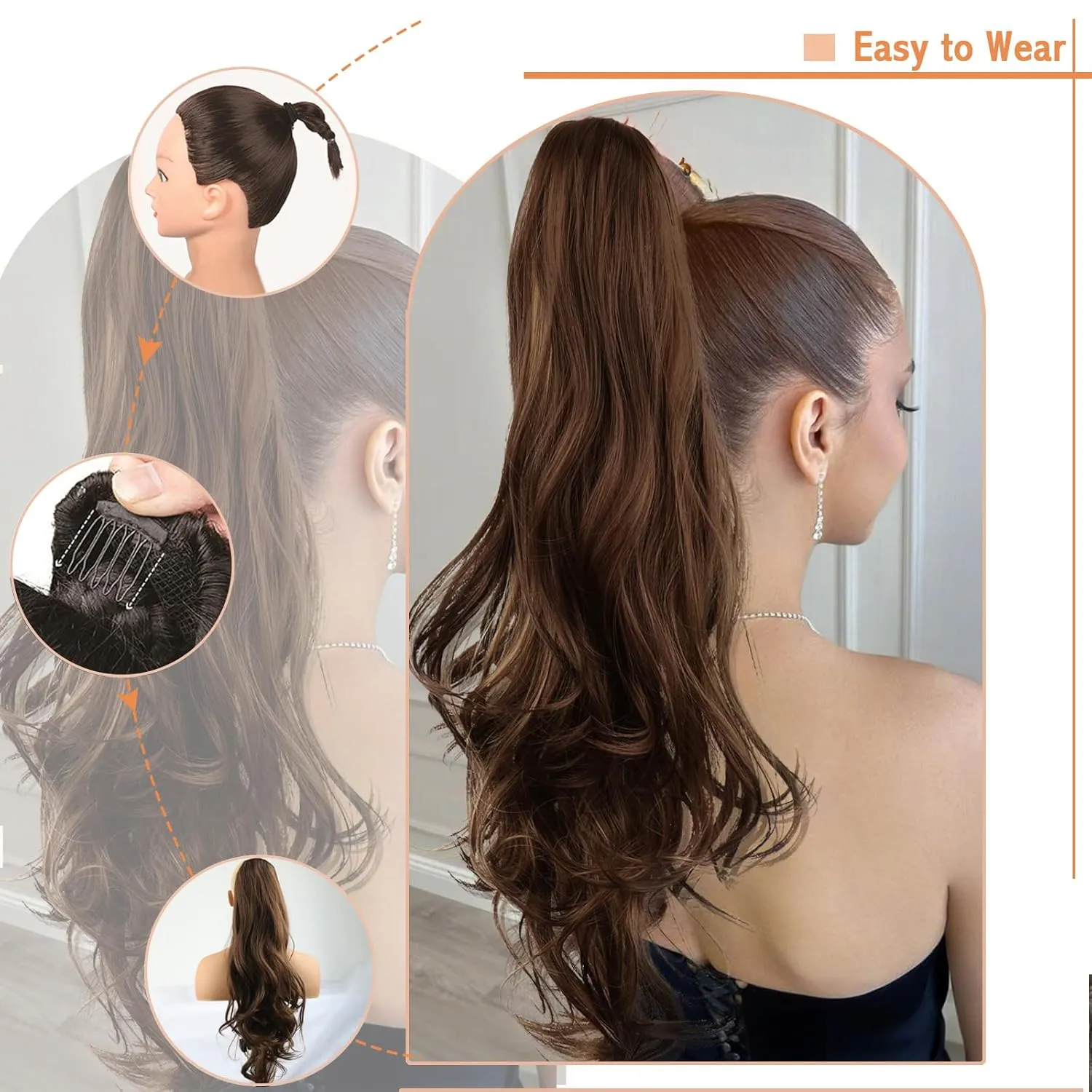 KRSI Curly Wavy Ponytail Hair Extension Clip on Pony Tails Hairpiece for Women,Long Drawstring Ponytail Hair Extensions for Women Synthetic 26 Inch Layered Faux Almond brown Pony Tail(4/30#)