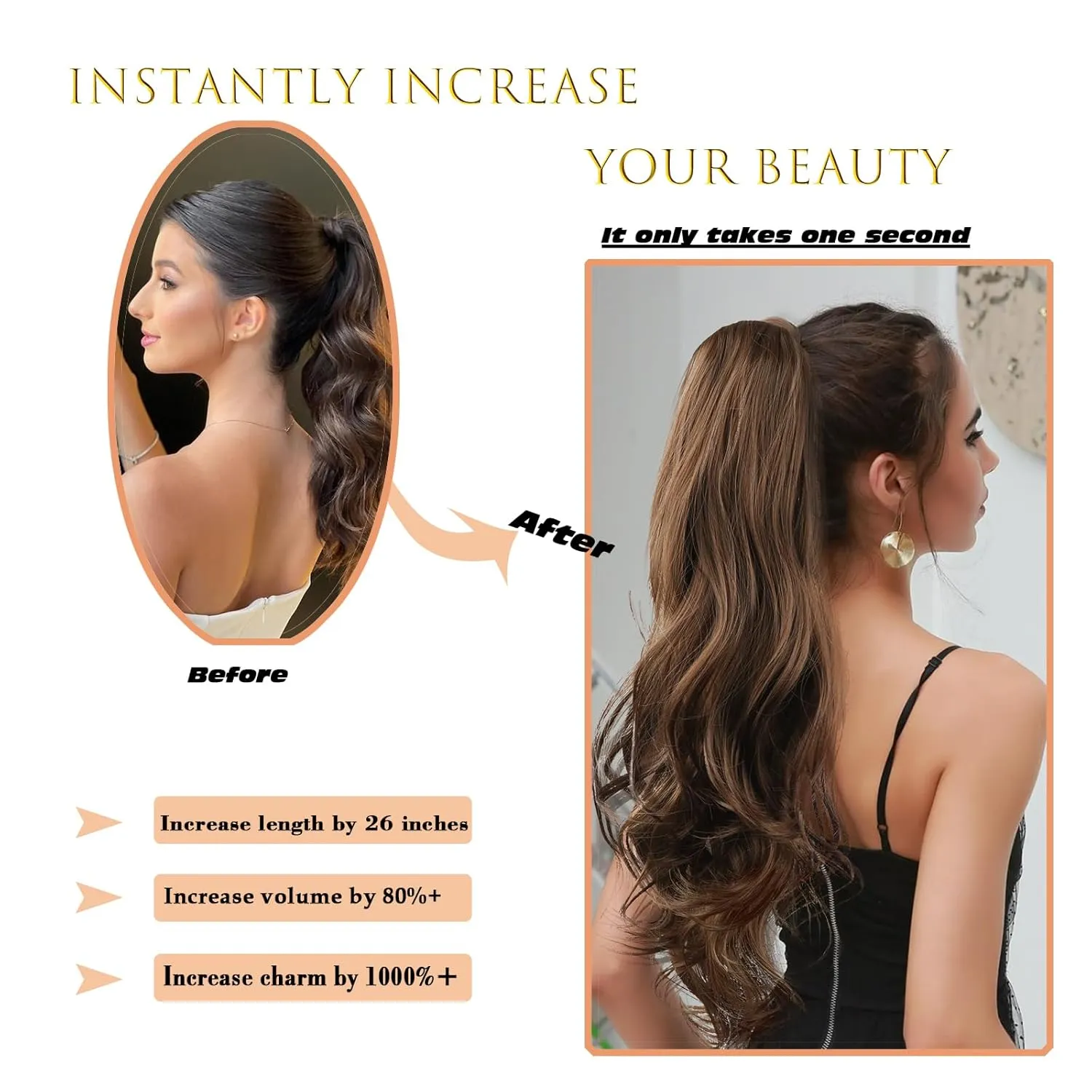 KRSI Curly Wavy Ponytail Hair Extension Clip on Pony Tails Hairpiece for Women,Long Drawstring Ponytail Hair Extensions for Women Synthetic 26 Inch Layered Faux Almond brown Pony Tail(4/30#)
