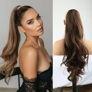 KRSI Curly Wavy Ponytail Hair Extension Clip on Pony Tails Hairpiece for Women,Long Drawstring Ponytail Hair Extensions for Women Synthetic 26 Inch Layered Faux Almond brown Pony Tail(4/30#)