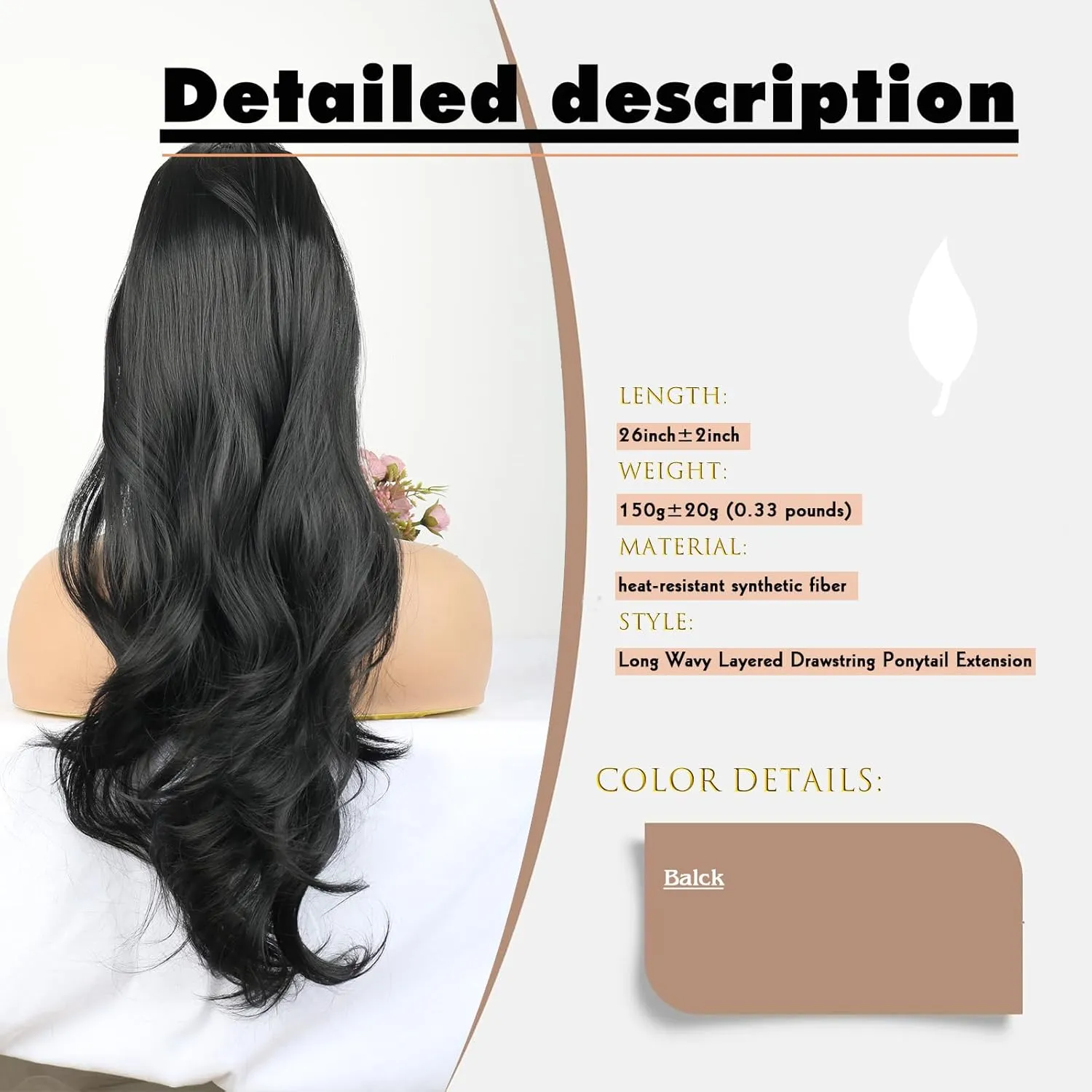 KRSI Long Black Drawstring Ponytail Hair Extensions for Women,26 Inch Curly Wavy Layered Pony Tails Hair Extensions Clip on Ponytails Hairpiece for Women Synthetic Fake Pony Tails Daily Use(1B#)