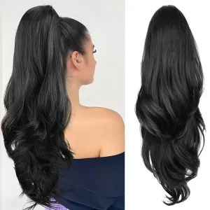 KRSI Long Black Drawstring Ponytail Hair Extensions for Women,26 Inch Curly Wavy Layered Pony Tails Hair Extensions Clip on Ponytails Hairpiece for Women Synthetic Fake Pony Tails Daily Use(1B#)
