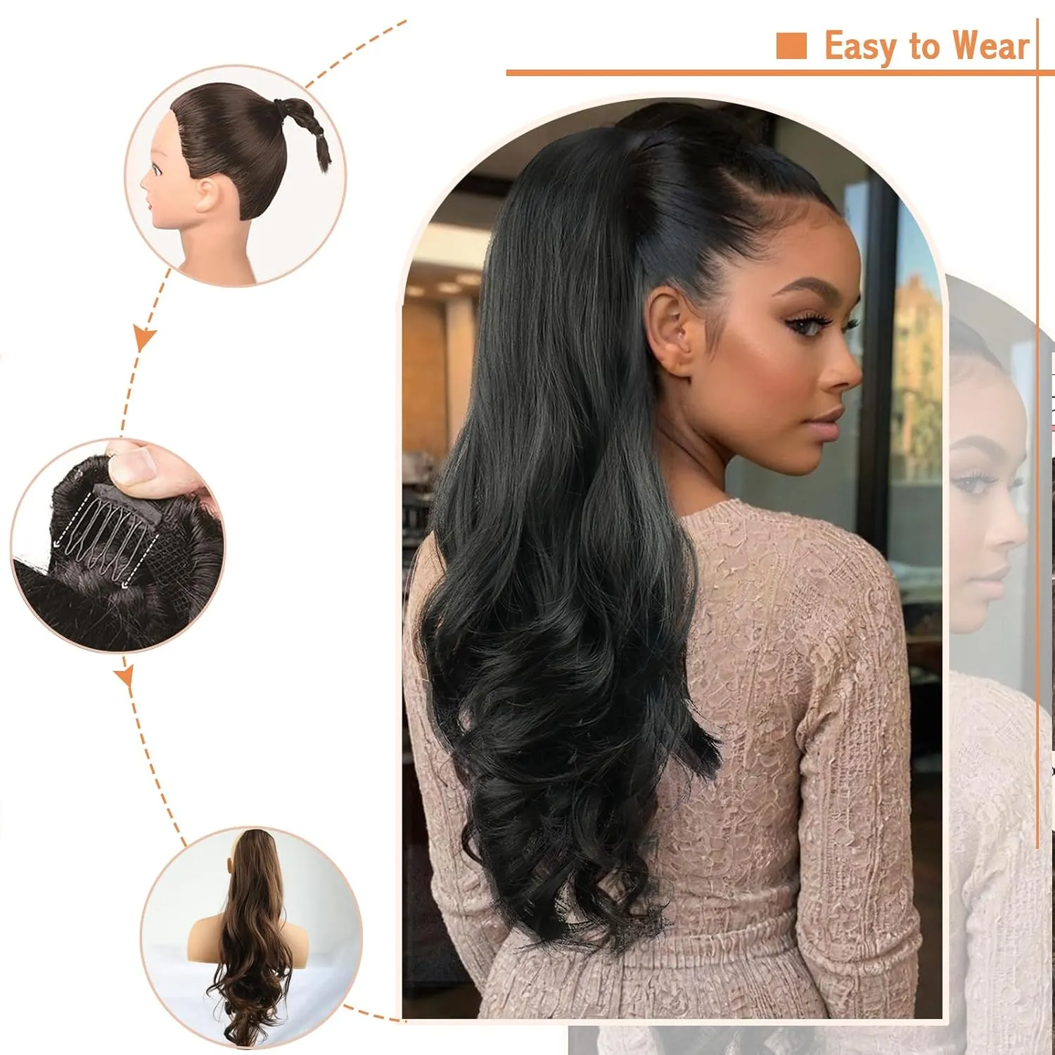 KRSI Long Black Drawstring Ponytail Hair Extensions for Women,26 Inch Curly Wavy Layered Pony Tails Hair Extensions Clip on Ponytails Hairpiece for Women Synthetic Fake Pony Tails Daily Use(1B#)