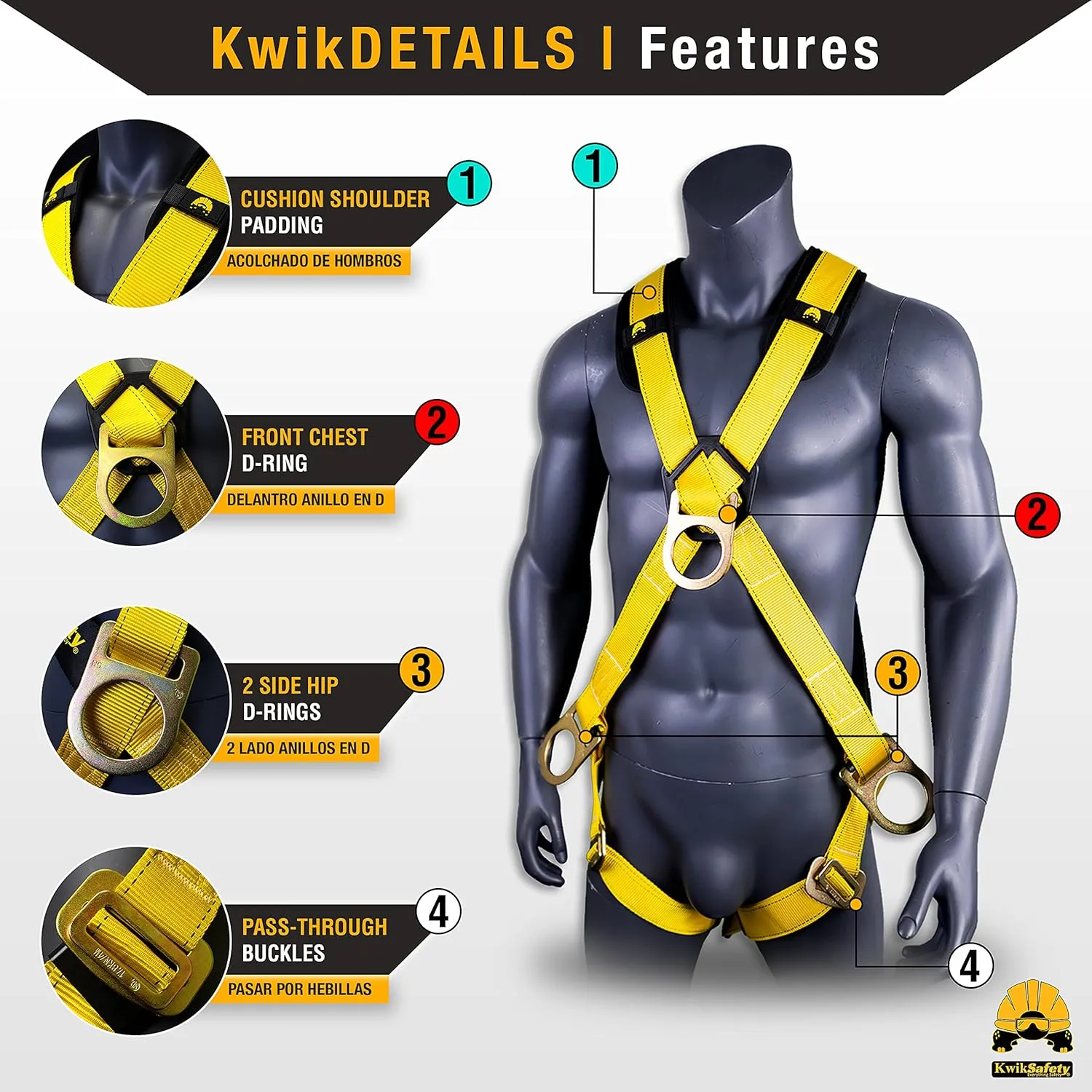 KwikSafety - Charlotte, NC - MONSOON Safety Harness [COMBO] 4 D-Rings, Shoulder Padding ANSI Tested OSHA Compliant & 50FT Vertical Safety Lifeline