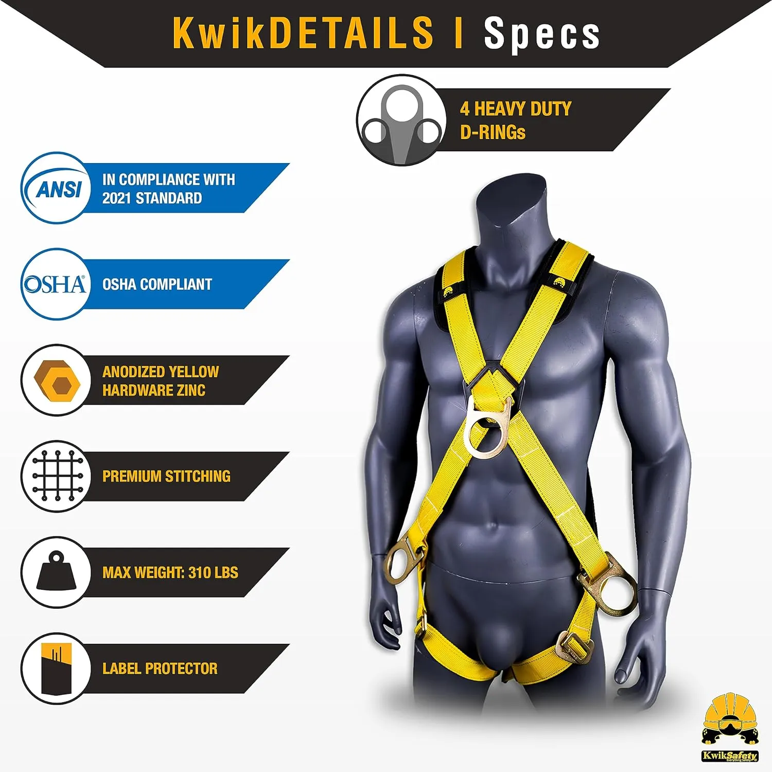 KwikSafety - Charlotte, NC - MONSOON Safety Harness [COMBO] 4 D-Rings, Shoulder Padding ANSI Tested OSHA Compliant & 50FT Vertical Safety Lifeline