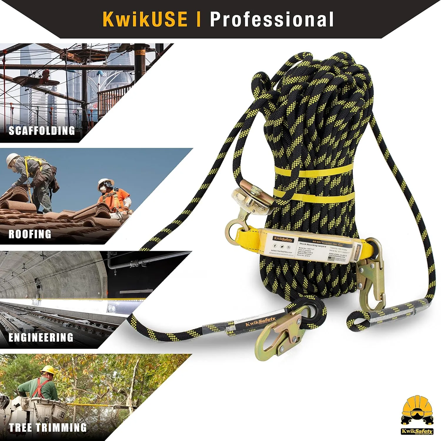 KwikSafety - Charlotte, NC - TSUNAMI [Premium BRAIDED ROPE] Vertical Lifeline ANSI OSHA Rope Grab Snap Hook Shock Absorber Fall Protection Line Kit Restraint System Roofing Safety Equipment / 100 FT.