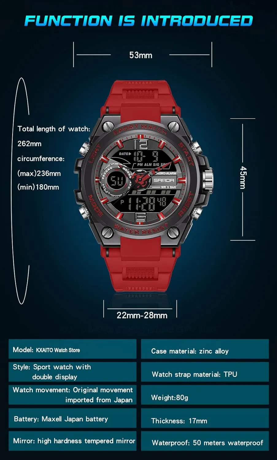 KXAITO Men's Watches Sports Outdoor Waterproof Military Watch Date Multi Function Tactics LED Alarm Stopwatch
