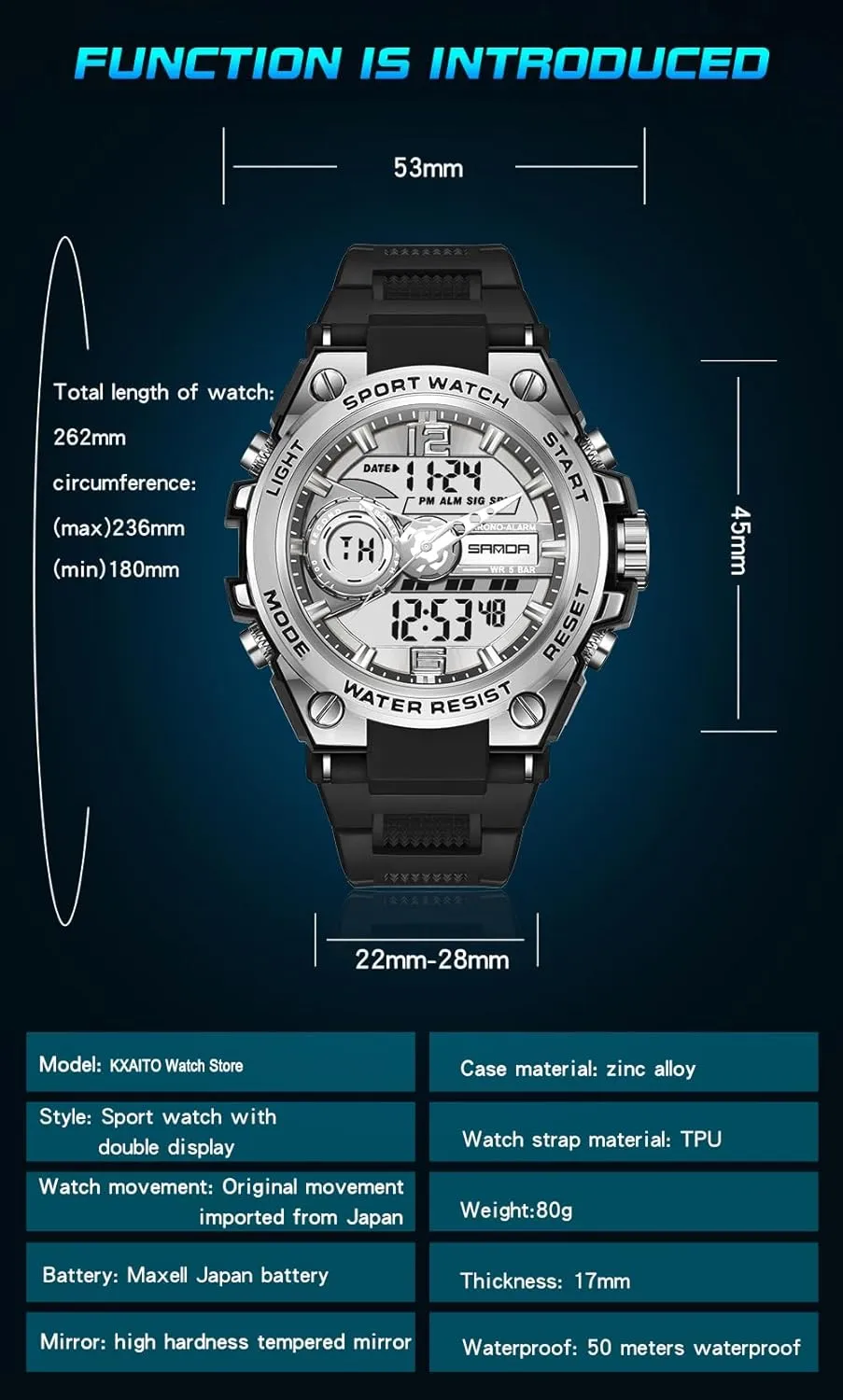 KXAITO Men's Watches Sports Outdoor Waterproof Military Watch Date Multi Function Tactics LED Alarm Stopwatch