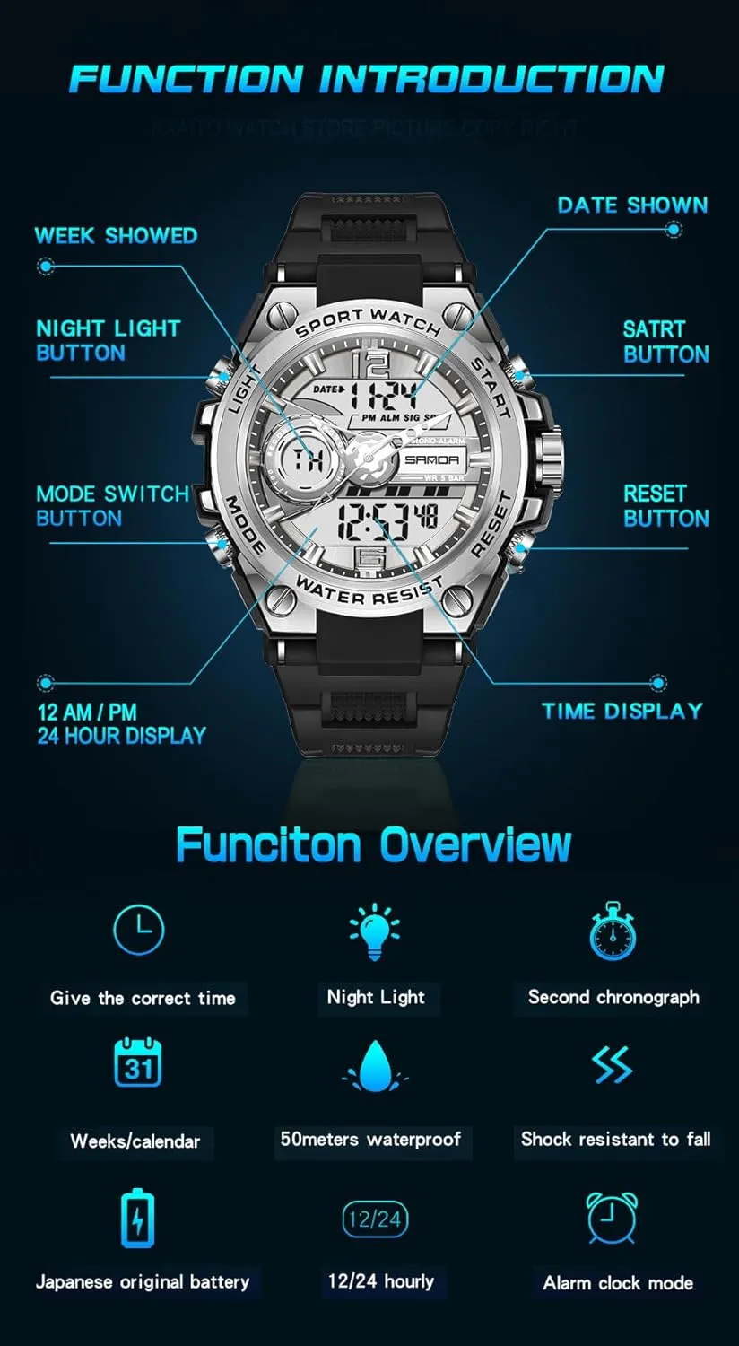 KXAITO Men's Watches Sports Outdoor Waterproof Military Watch Date Multi Function Tactics LED Alarm Stopwatch