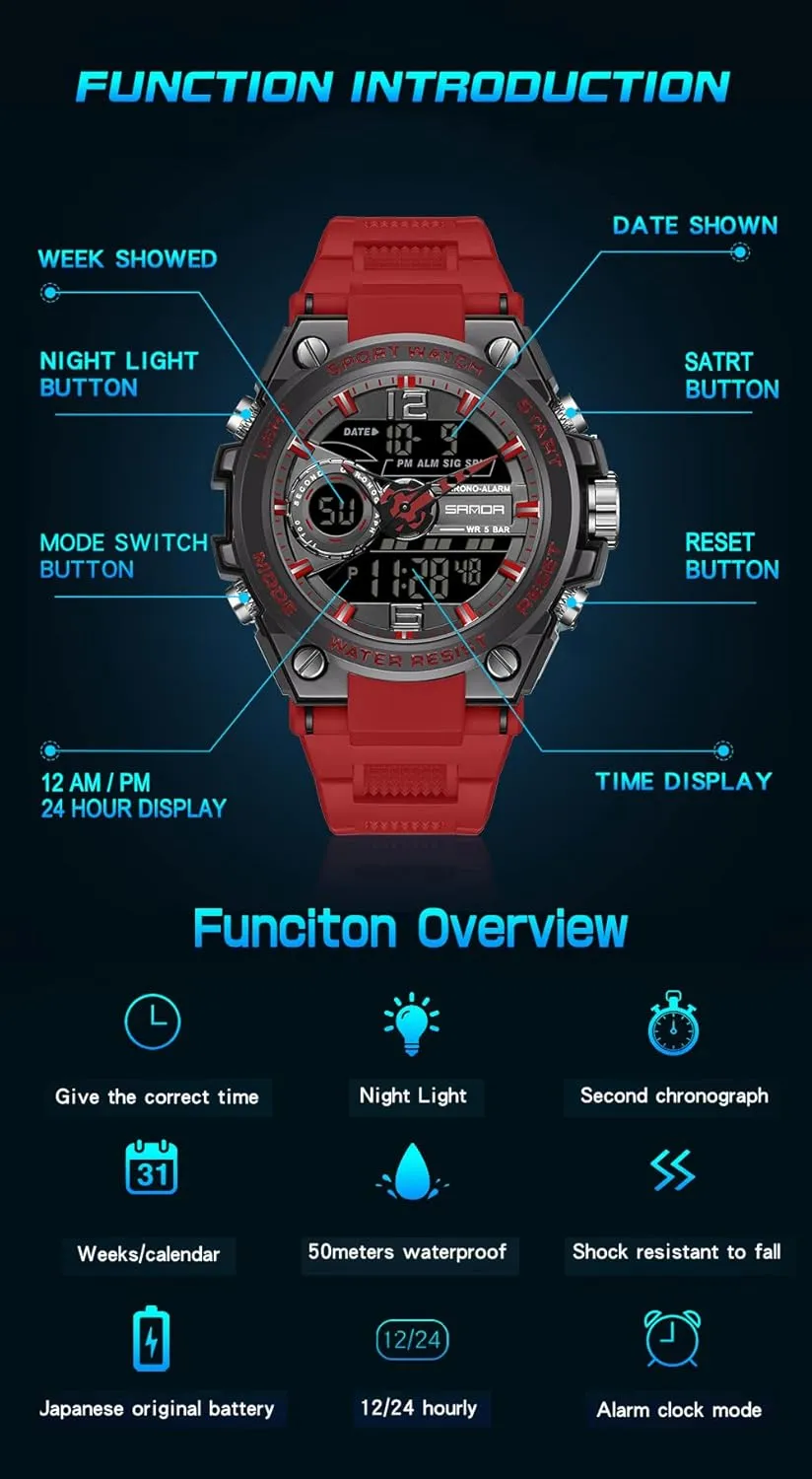 KXAITO Men's Watches Sports Outdoor Waterproof Military Watch Date Multi Function Tactics LED Alarm Stopwatch