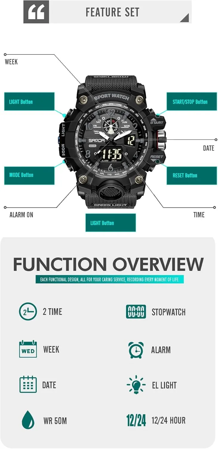 KXAITO Men's Watches Sports Outdoor Waterproof Military Wrist Watch Date Multi Function Tactics LED Alarm Stopwatch