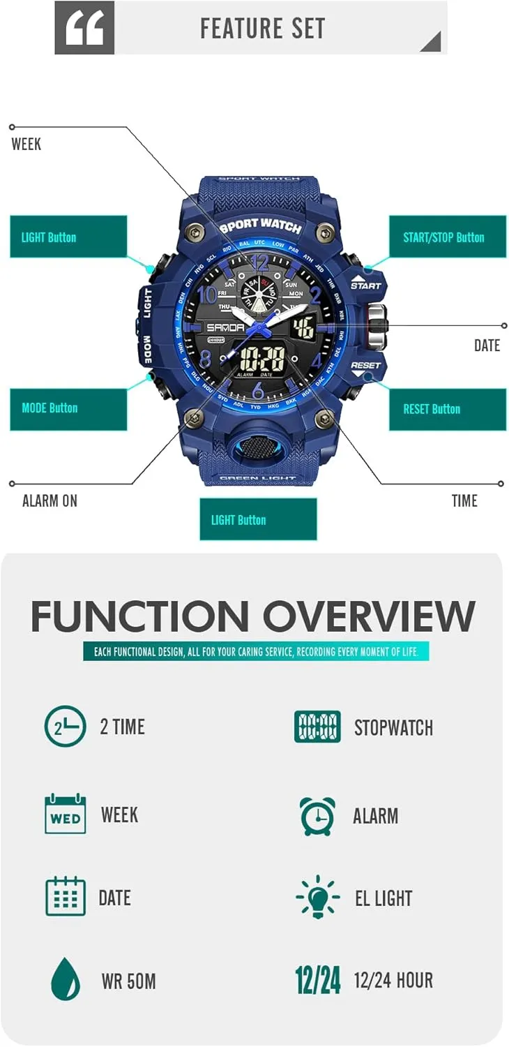 KXAITO Men's Watches Sports Outdoor Waterproof Military Wrist Watch Date Multi Function Tactics LED Alarm Stopwatch