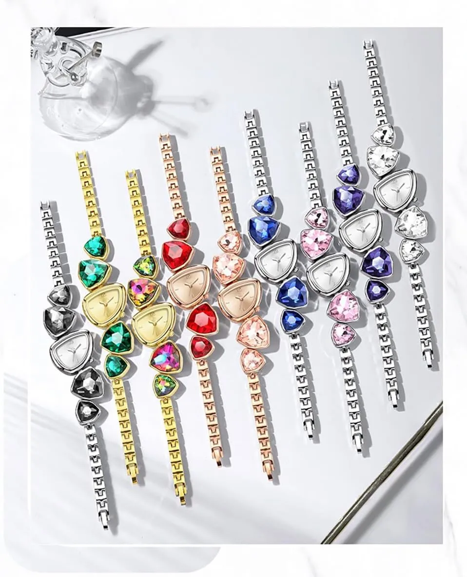 Ladies Luxury Colorful Crystal Bracelet Watch Novel Triangular Dial Analog Quartz Waterproof Dress Watch