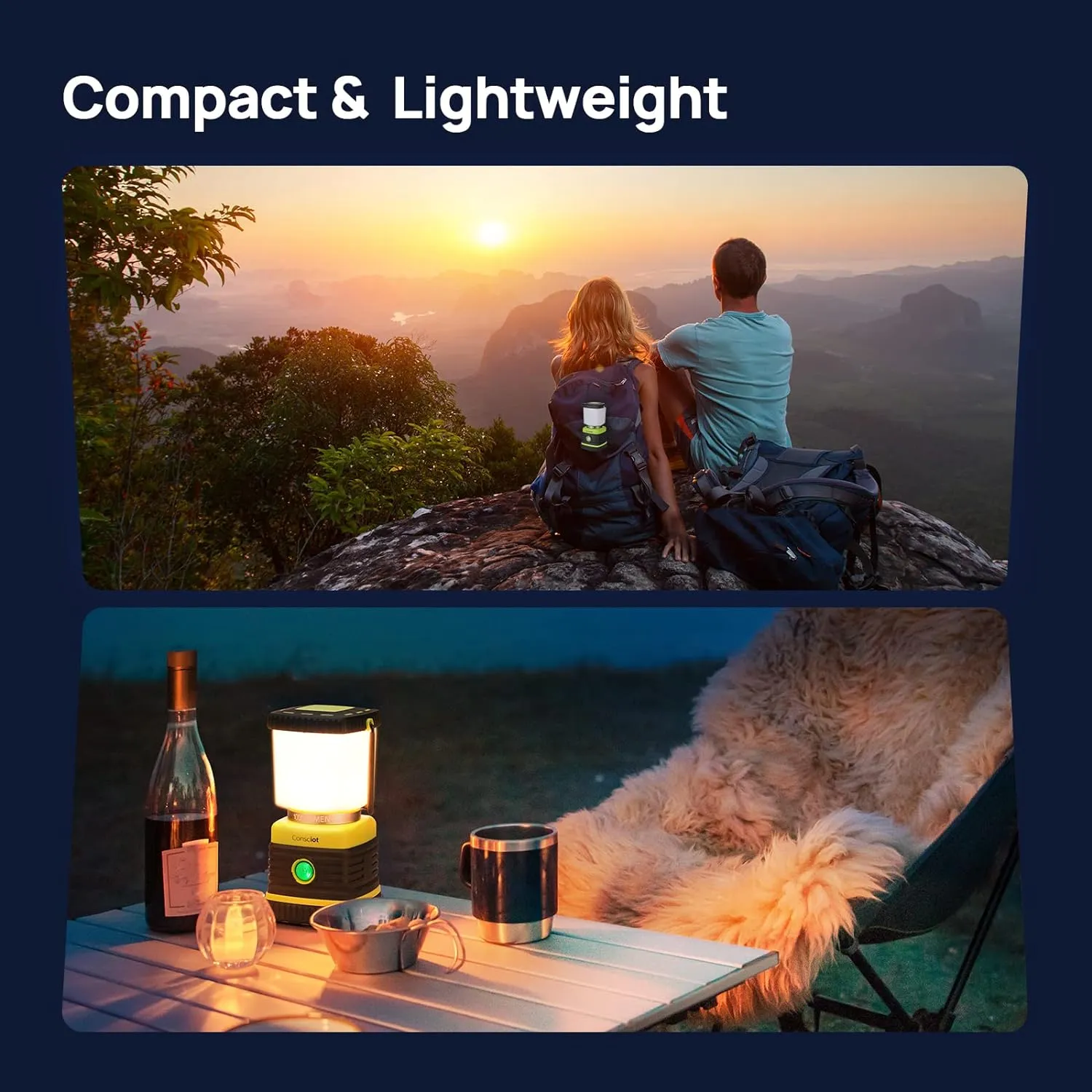 LED Camping Lantern Rechargeable, Consciot Camping Lights, 1000LM, 4 Light Modes, 4400mAh Power Bank, IPX4 Waterproof, Dimmable Tent Lights for Emergency, Power Outages, USB C Cable Included, 2 Pack