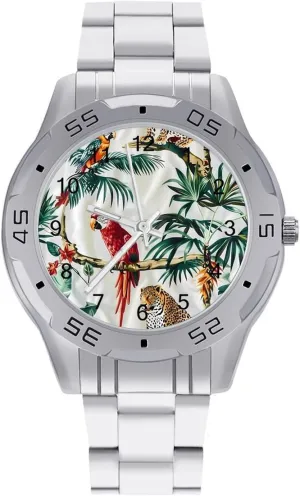 Leopards Palm Tree Parrot Bird Simple Stainless Steel Band Business Watch Dress Wrist Unique Luxury Work Casual Waterproof Watches