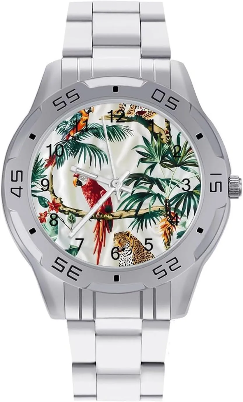 Leopards Palm Tree Parrot Bird Simple Stainless Steel Band Business Watch Dress Wrist Unique Luxury Work Casual Waterproof Watches
