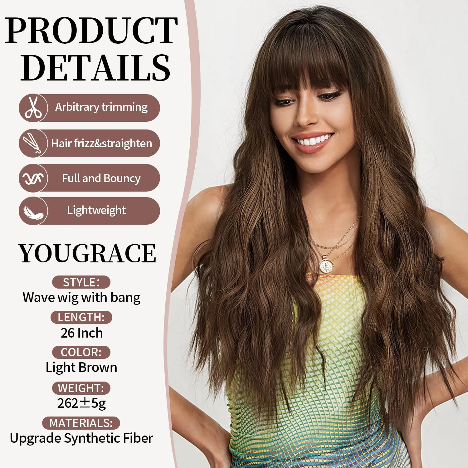 Light Brown Wig with Bangs Wavy Wigs for Women, 26 Inch Synthetic Hair Wig for Daily Party Use