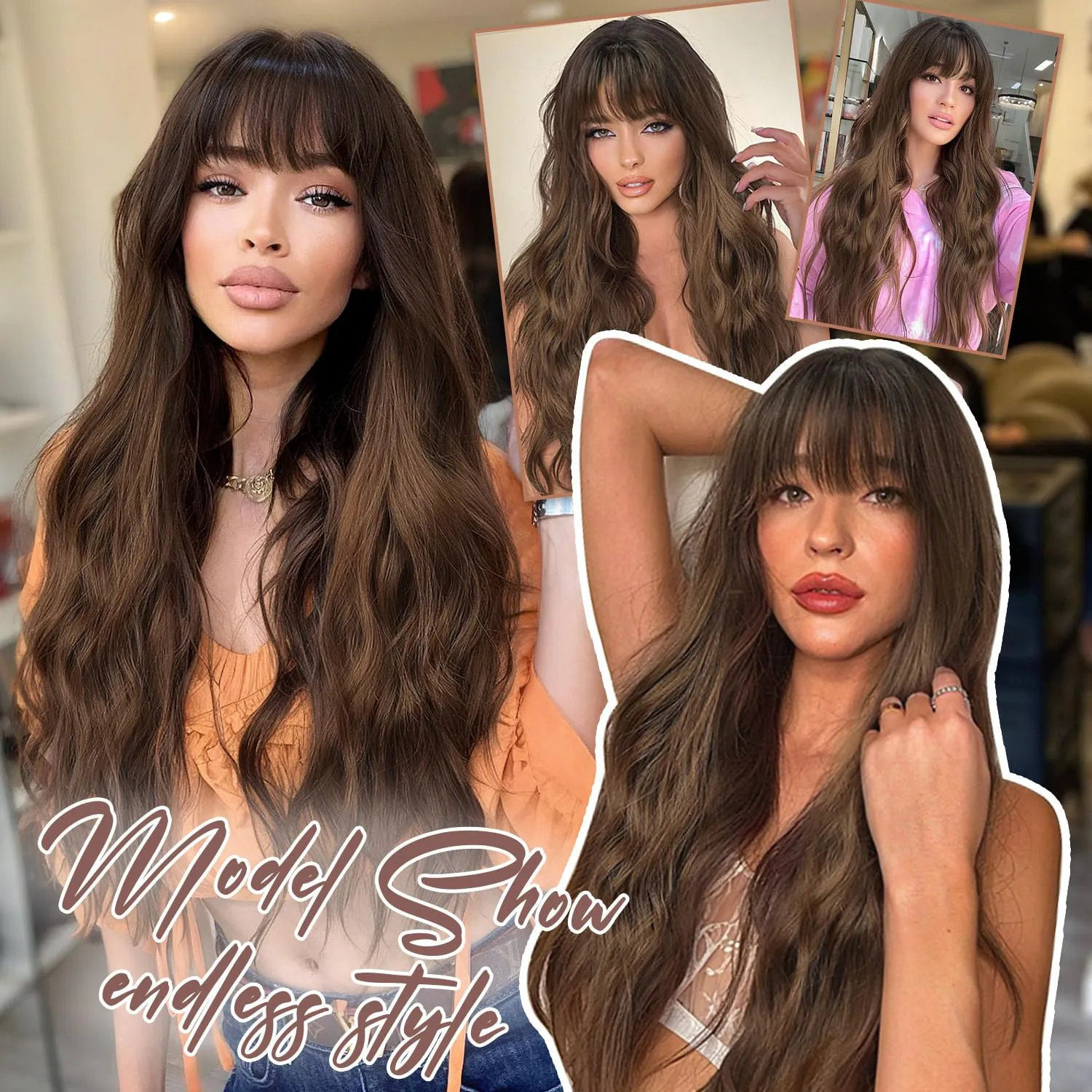 Light Brown Wig with Bangs Wavy Wigs for Women, 26 Inch Synthetic Hair Wig for Daily Party Use