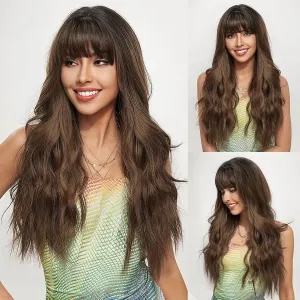 Light Brown Wig with Bangs Wavy Wigs for Women, 26 Inch Synthetic Hair Wig for Daily Party Use