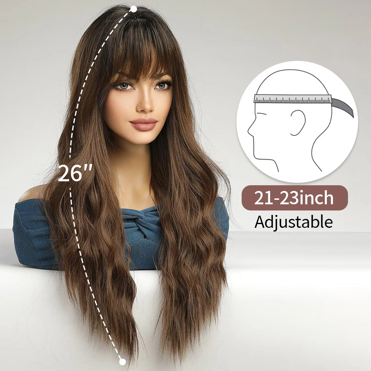 Light Brown Wig with Bangs Wavy Wigs for Women, 26 Inch Synthetic Hair Wig for Daily Party Use