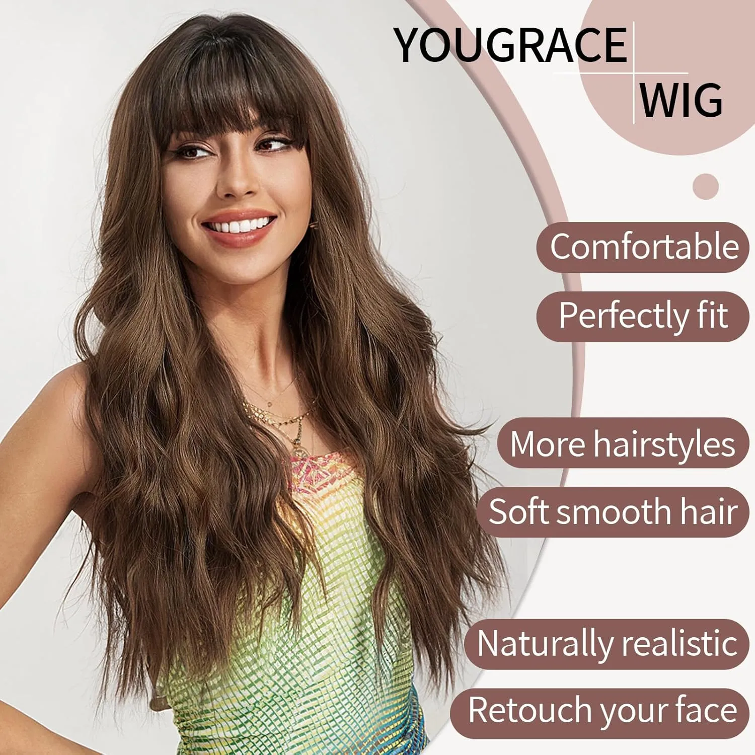 Light Brown Wig with Bangs Wavy Wigs for Women, 26 Inch Synthetic Hair Wig for Daily Party Use