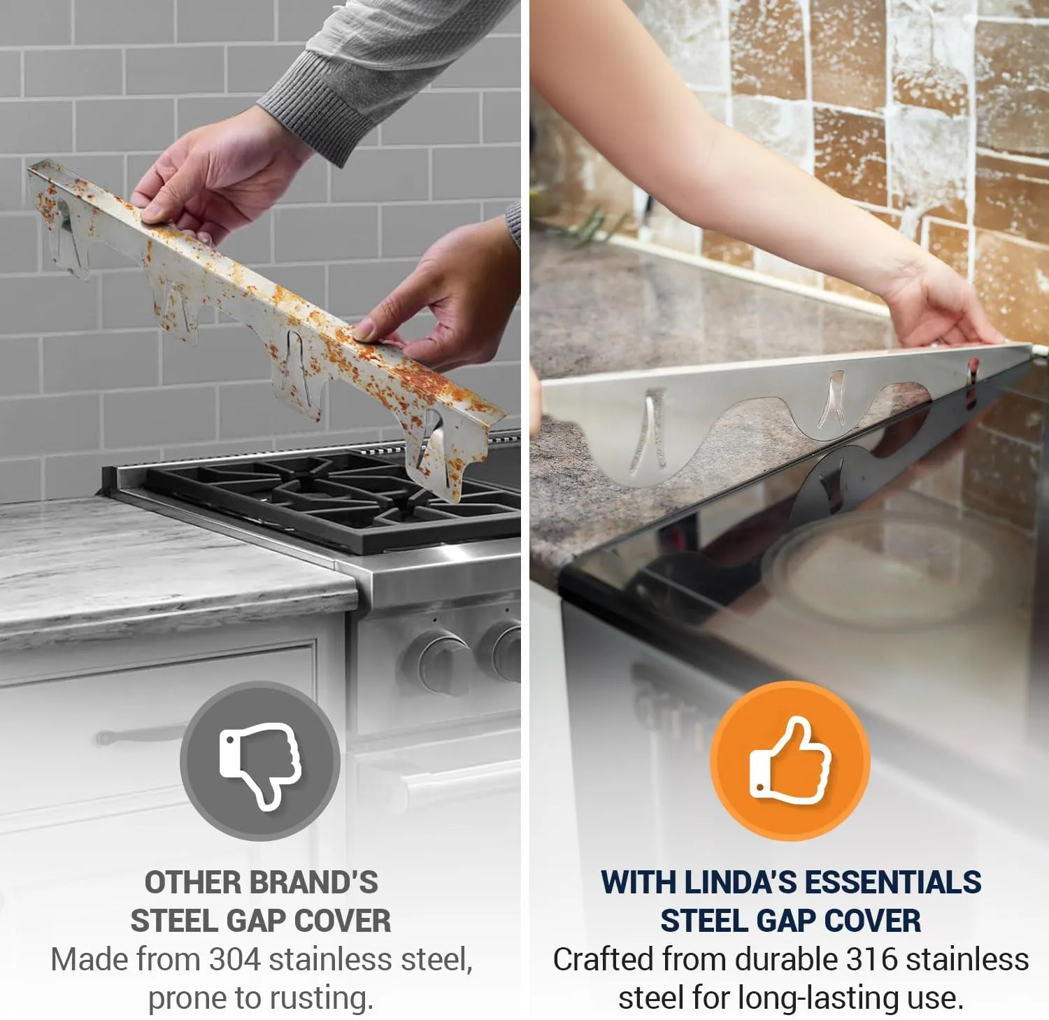 Linda’s Essentials Stove Gap Covers Stainless Steel (2 Pack), 316 Stainless Steel Stove Gap Covers Heat Resistant Oven Gap Filler Seals Spaces Between Stovetop and Counter (23.4 Inches, Silver(Steel))