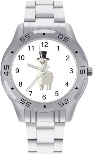 Llama with Black Top Hat Simple Stainless Steel Band Business Watch Dress Wrist Unique Luxury Work Casual Waterproof Watches