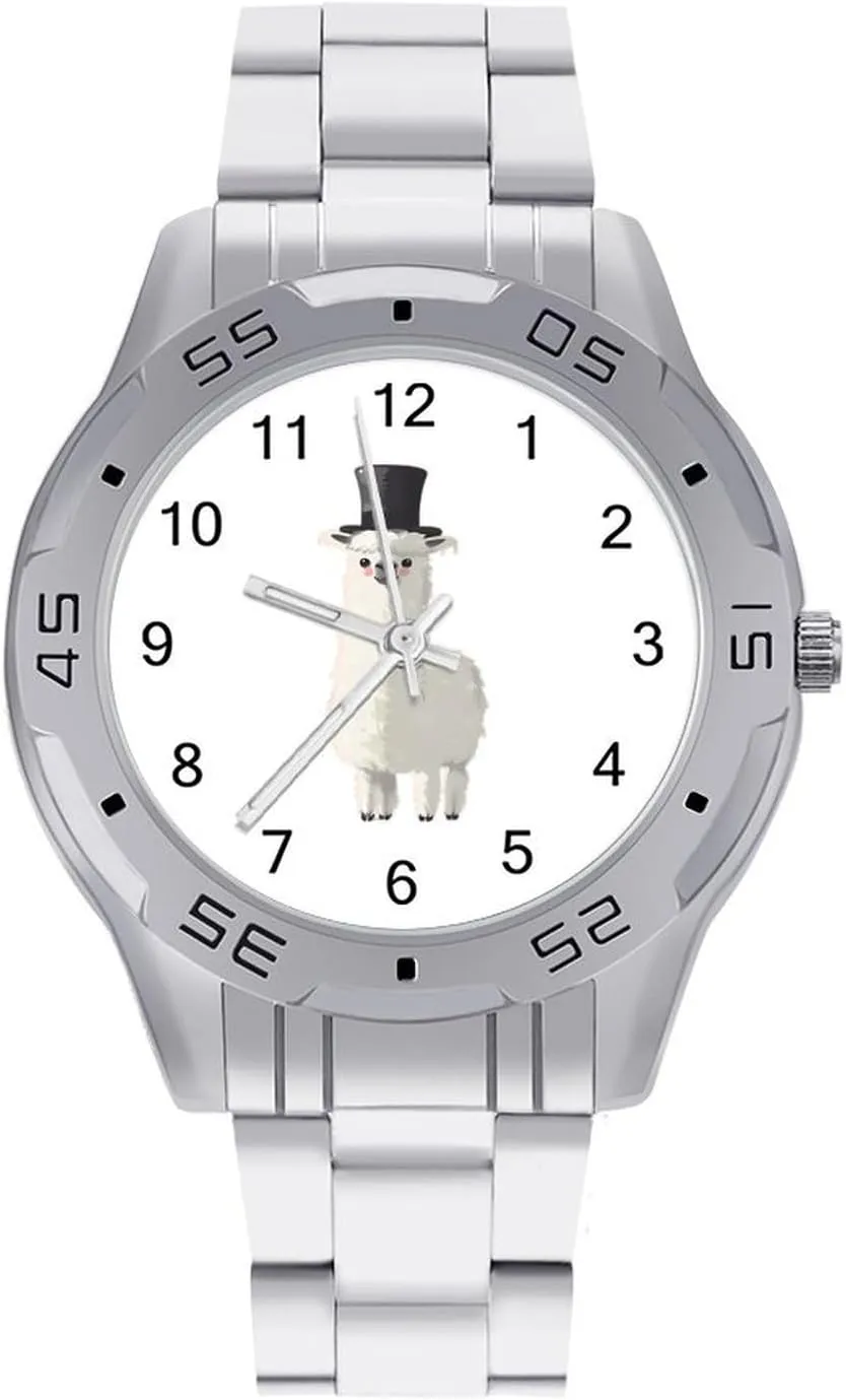 Llama with Black Top Hat Simple Stainless Steel Band Business Watch Dress Wrist Unique Luxury Work Casual Waterproof Watches