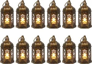 LLQ Mini Lantern with LED Candle, 12PCS Small Lanterns Decorative Indoor, Vintage Moroccan Lantern for Ramadan Decorations, Hanging Decor for Wedding Christmas, Table Centerpiece, Brushed Brass