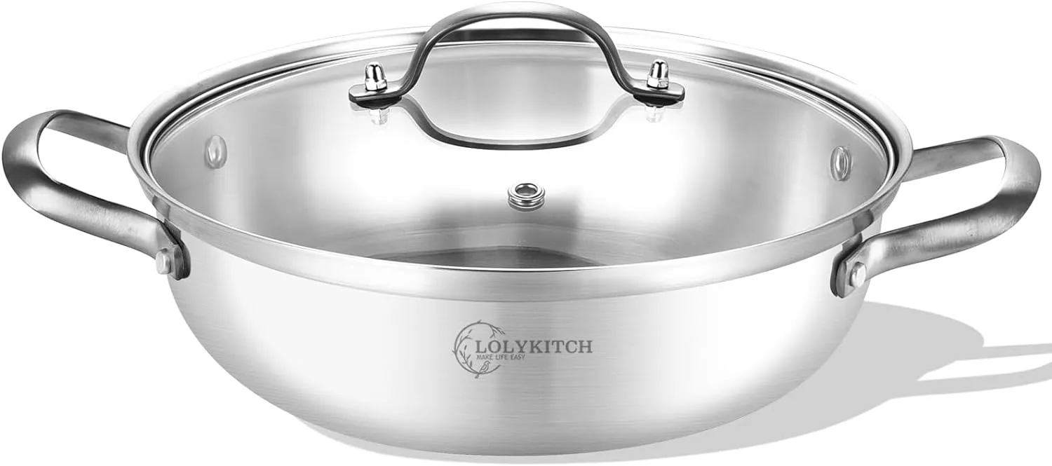 LOLYKITCH 14 Inch Tri-Ply Stainless Steel Sauté Pan with Lid,Everyday Pan,Kadhai,Large Skillet,Jumbo Cooker,Induction Deep Frying Pan,Dishwasher and Oven Safe.(13-3/4 Inch 7 Quarts)