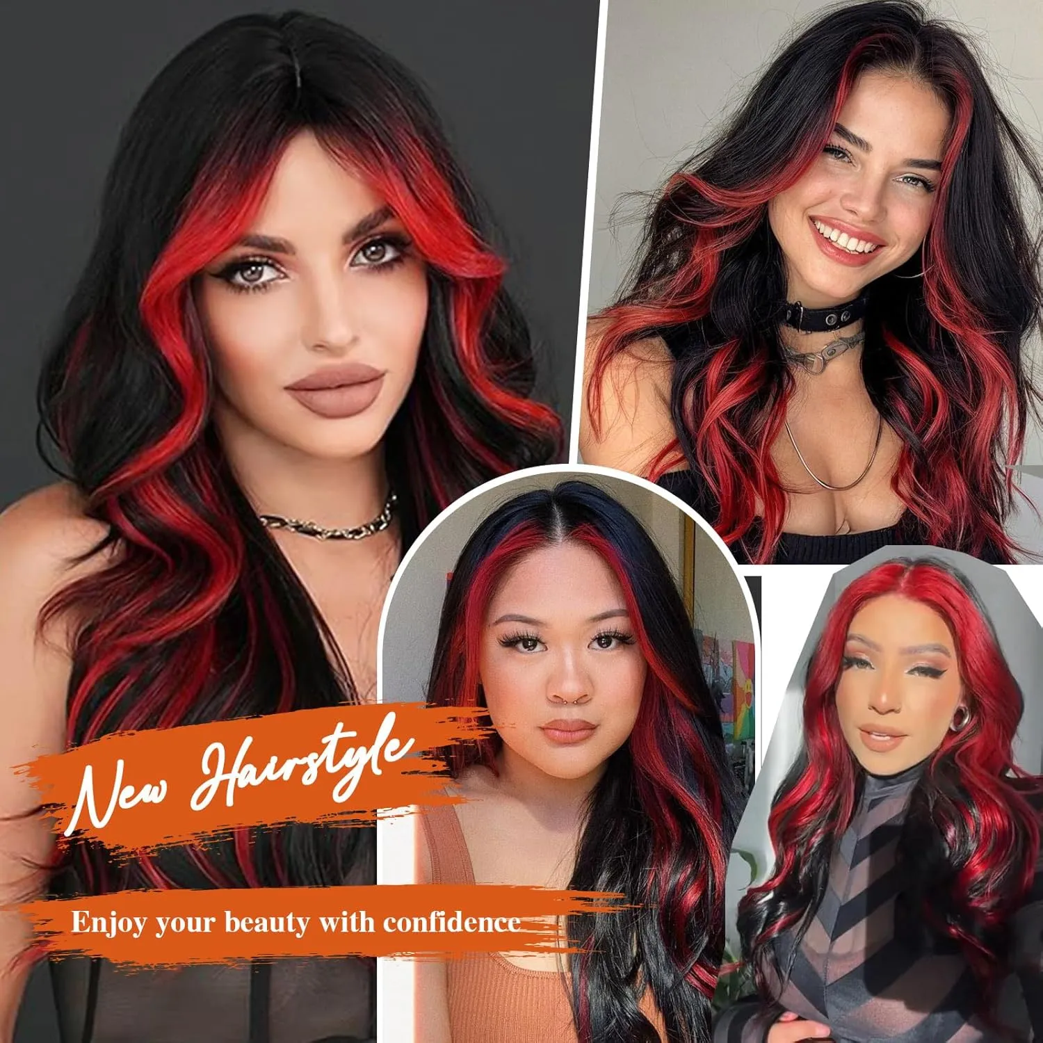 Lommel Hair Extensions,20 Inch 5PCS Synthetic Fiber Clip in Hair Extensions Natural Soft Hairpieces for Women Black Mix Red