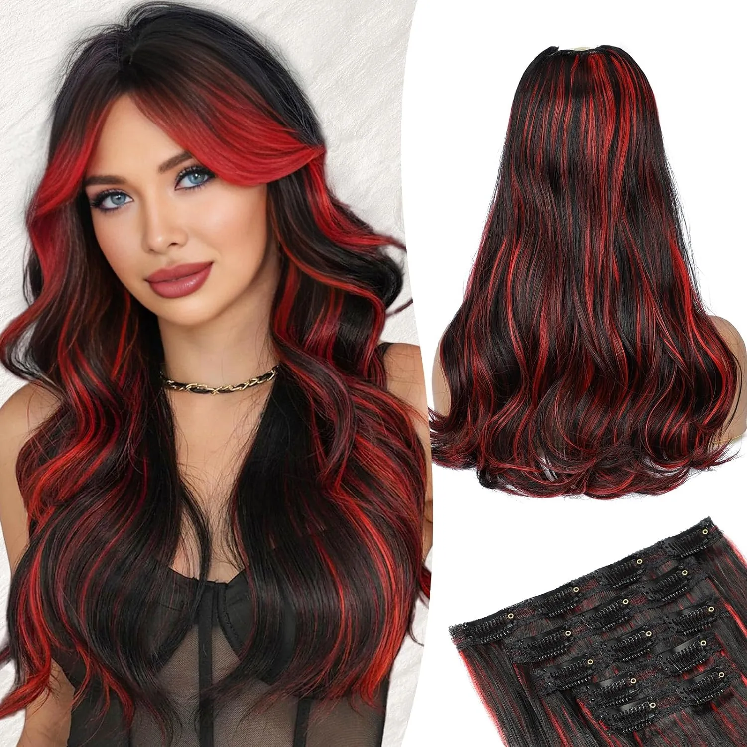Lommel Hair Extensions,20 Inch 5PCS Synthetic Fiber Clip in Hair Extensions Natural Soft Hairpieces for Women Black Mix Red