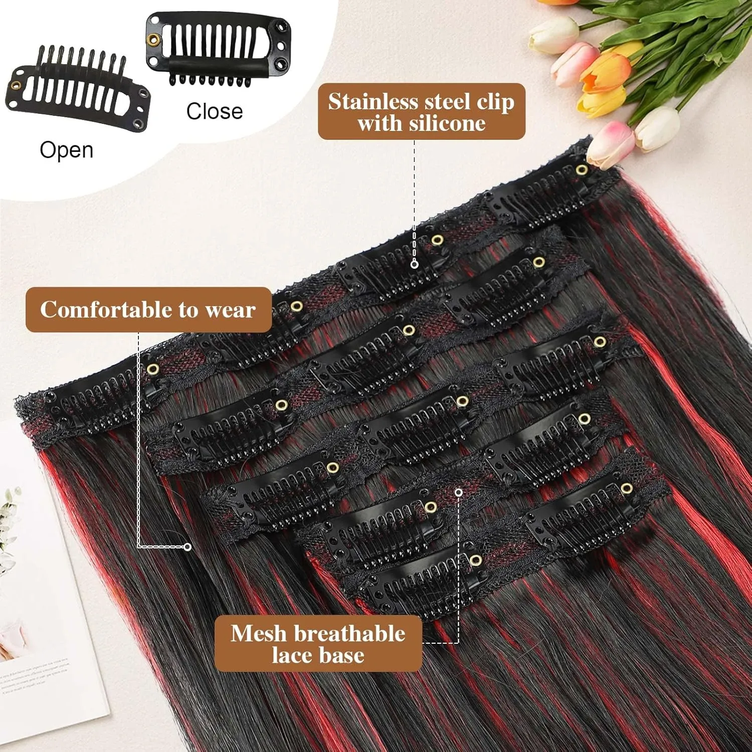 Lommel Hair Extensions,20 Inch 5PCS Synthetic Fiber Clip in Hair Extensions Natural Soft Hairpieces for Women Black Mix Red