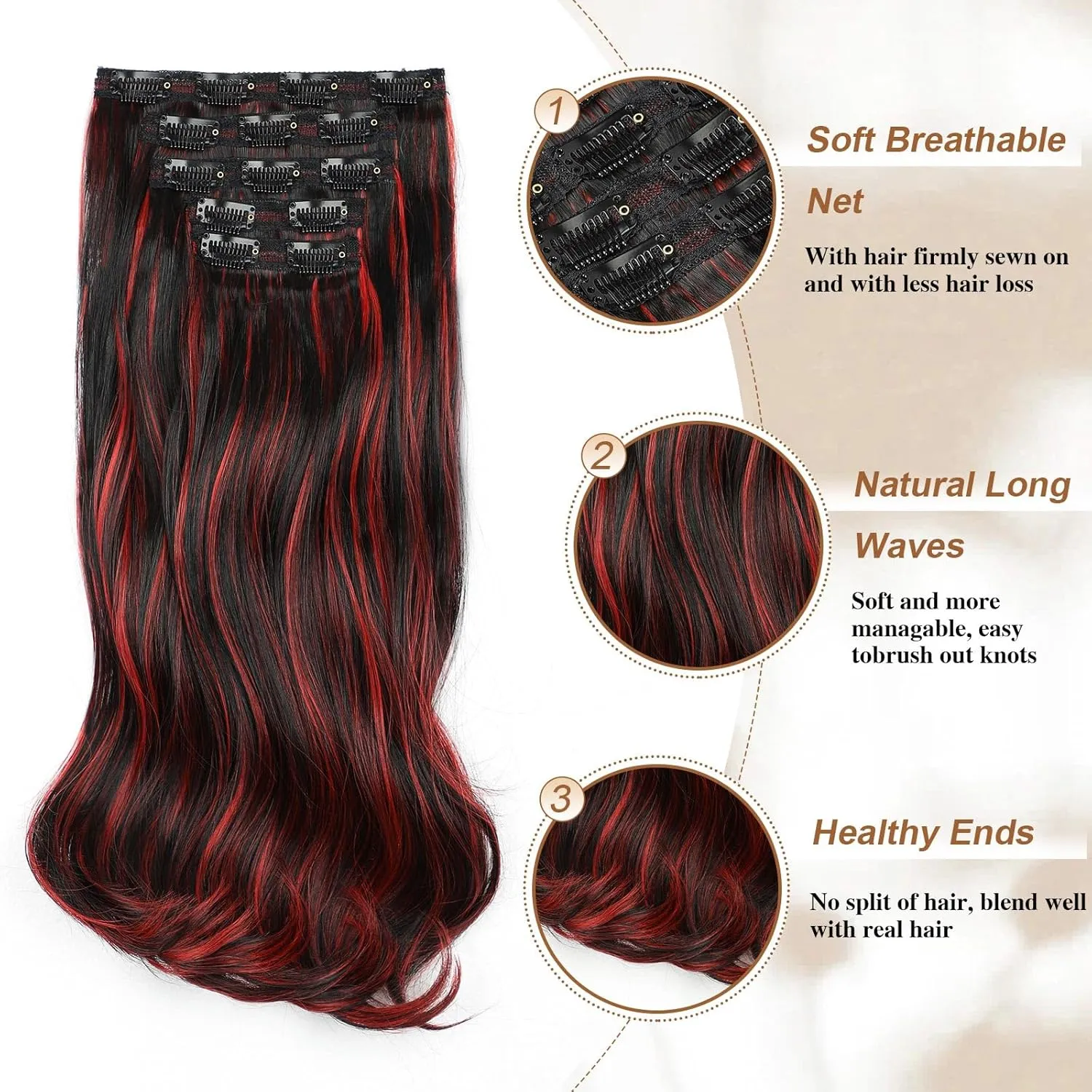Lommel Hair Extensions,20 Inch 5PCS Synthetic Fiber Clip in Hair Extensions Natural Soft Hairpieces for Women Black Mix Red