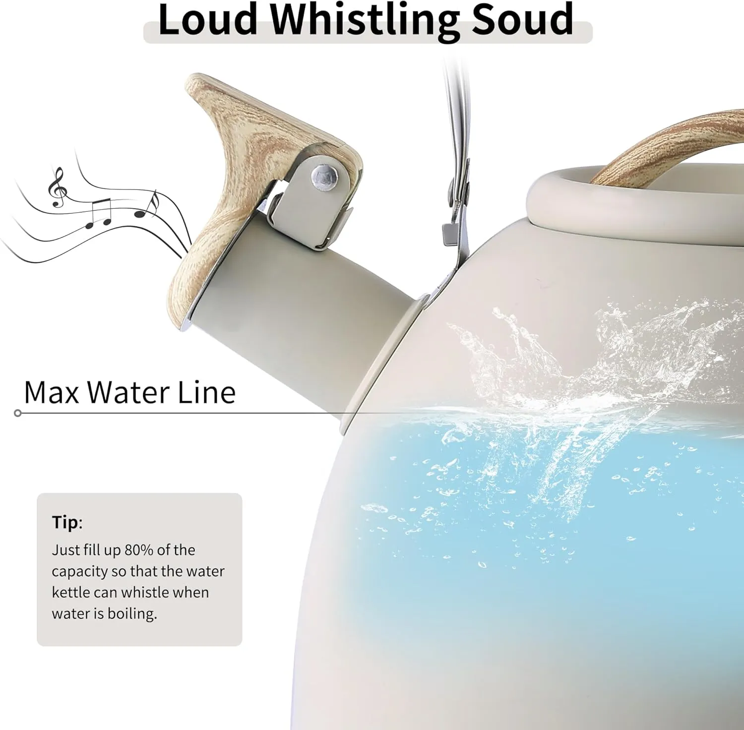 LONFFERY Tea Kettle for Stove Top, 3.2 Quart Whistling Tea Kettle, Food Grade Stainless Steel and Wood Pattern Folding Handle, Creamy White