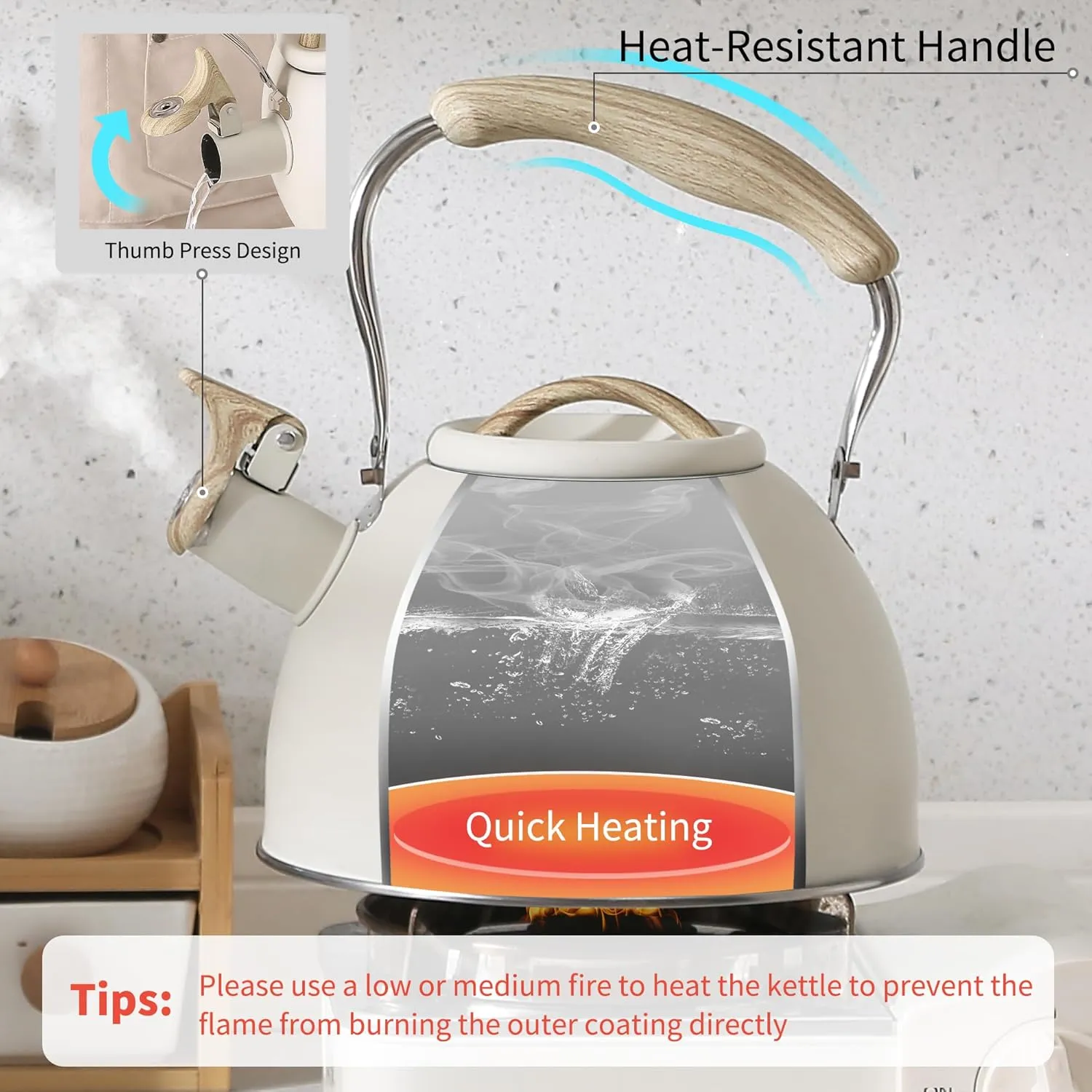LONFFERY Tea Kettle for Stove Top, 3.2 Quart Whistling Tea Kettle, Food Grade Stainless Steel and Wood Pattern Folding Handle, Creamy White